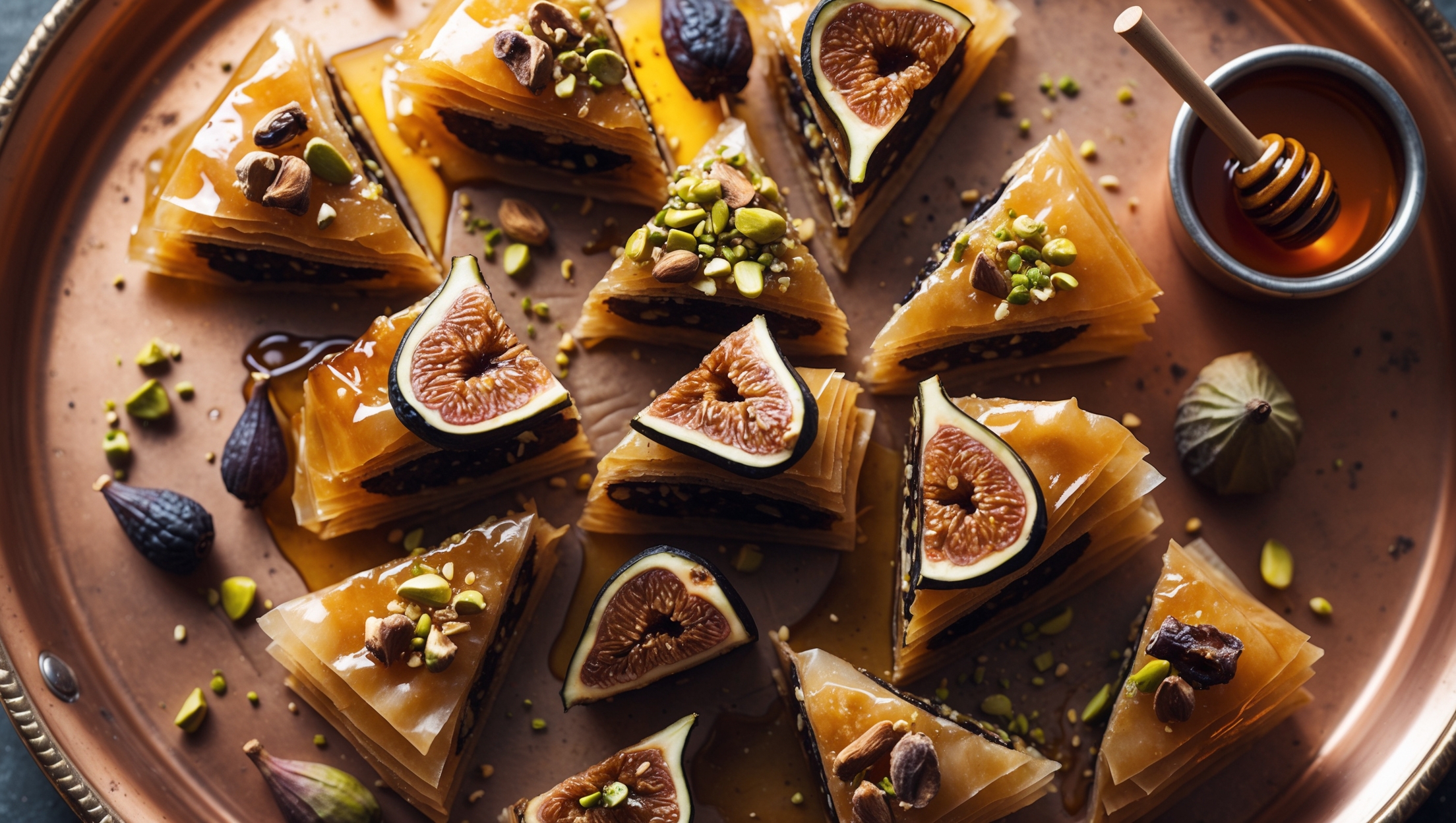 An overhead shot of diamond-cut fig baklava pieces arranged on a vintage copper serving platter, with soft natural light highlighting the glistening honey syrup and amber-colored layers. The cross-section reveals delicate phyllo sheets stacked meticulously with rich fig and walnut filling peeking between each crisp, golden-brown layer. A scattering of chopped pistachios and dried fig pieces garnish the top, while a small pot of honey with a wooden dipper sits alongside, catching the light. The baklava's distinctive honeyed aroma is suggested by the visible syrup that pools slightly at the edges of each perfectly cut piece.