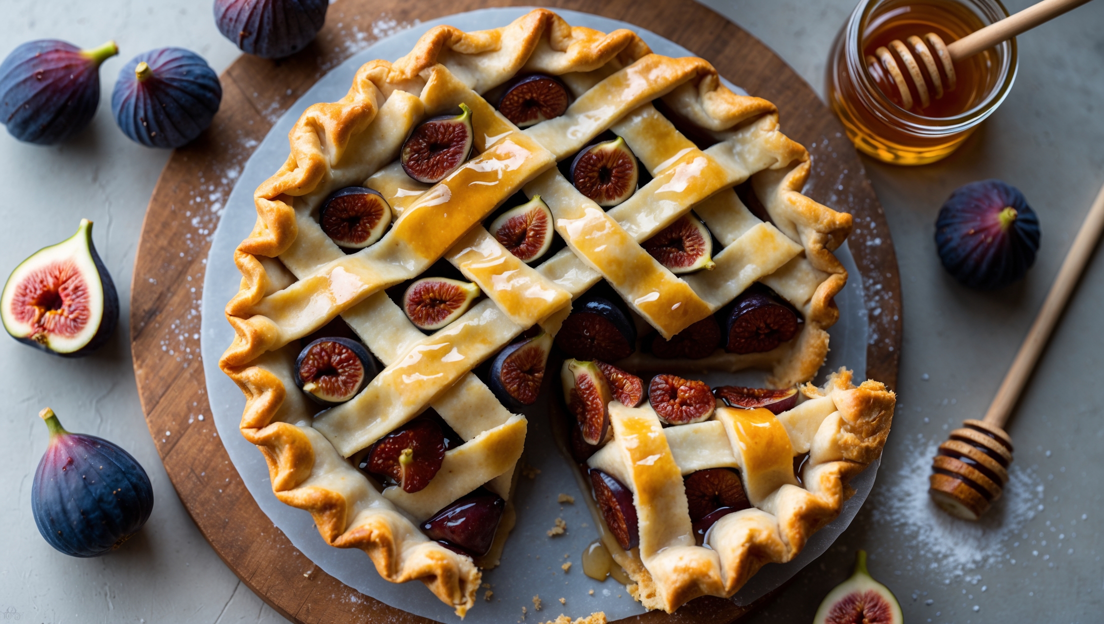 An overhead shot of a golden-brown Fig Honey Pie with a perfectly fluted crust, revealing juicy caramelized figs bubbling slightly through a lattice top. The cross-section shows layers of tender figs nestled in a honeyed filling that's set to perfection - neither too firm nor too runny. Soft natural light streams across the scene, highlighting the glistening glaze brushed over the lattice and the amber tones of the crust. The pie rests on a weathered wooden board alongside scattered fresh figs, a small jar of artisanal honey with a wooden dipper, and a light dusting of powdered sugar. A slice being lifted reveals the jammy fig interior and flaky layers of the all-butter crust.