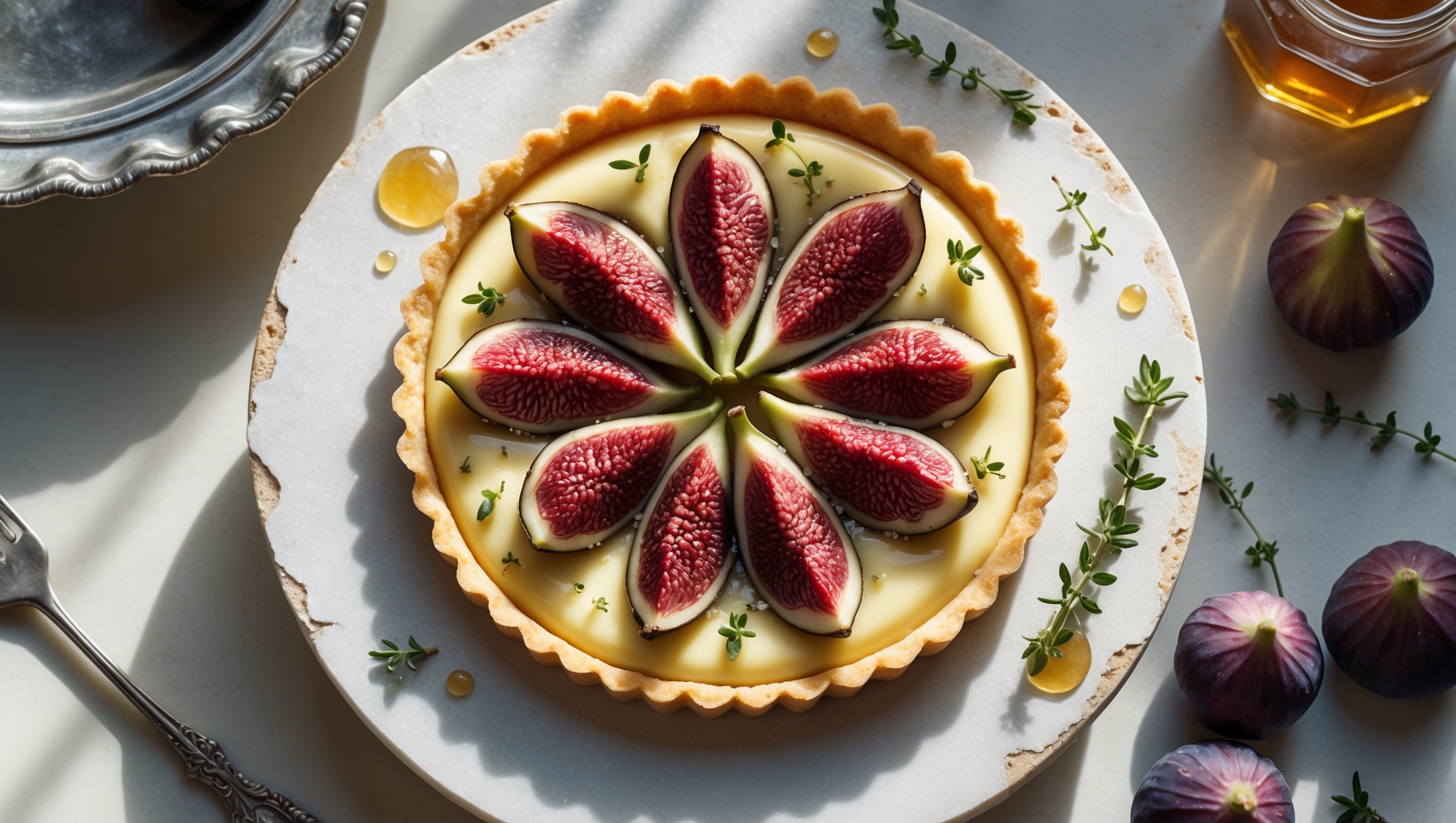 An overhead shot captures this elegant tart on a weathered marble stand, sunlight streaming through a nearby window to illuminate the geometric arrangement of burgundy fig halves nestled in golden custard. A cross-section view reveals the distinct layers: crisp butter-yellow pastry, creamy pale yellow custard, and glossy figs with their distinctive seed pattern. A light dusting of icing sugar creates contrast against the deep purple-red fruit, while scattered fresh thyme leaves and a drizzle of honey catch the light. In the background, a vintage silver cake server rests beside the tart, with a small jar of honey and a few whole figs artfully arranged to create a rustic yet refined composition.