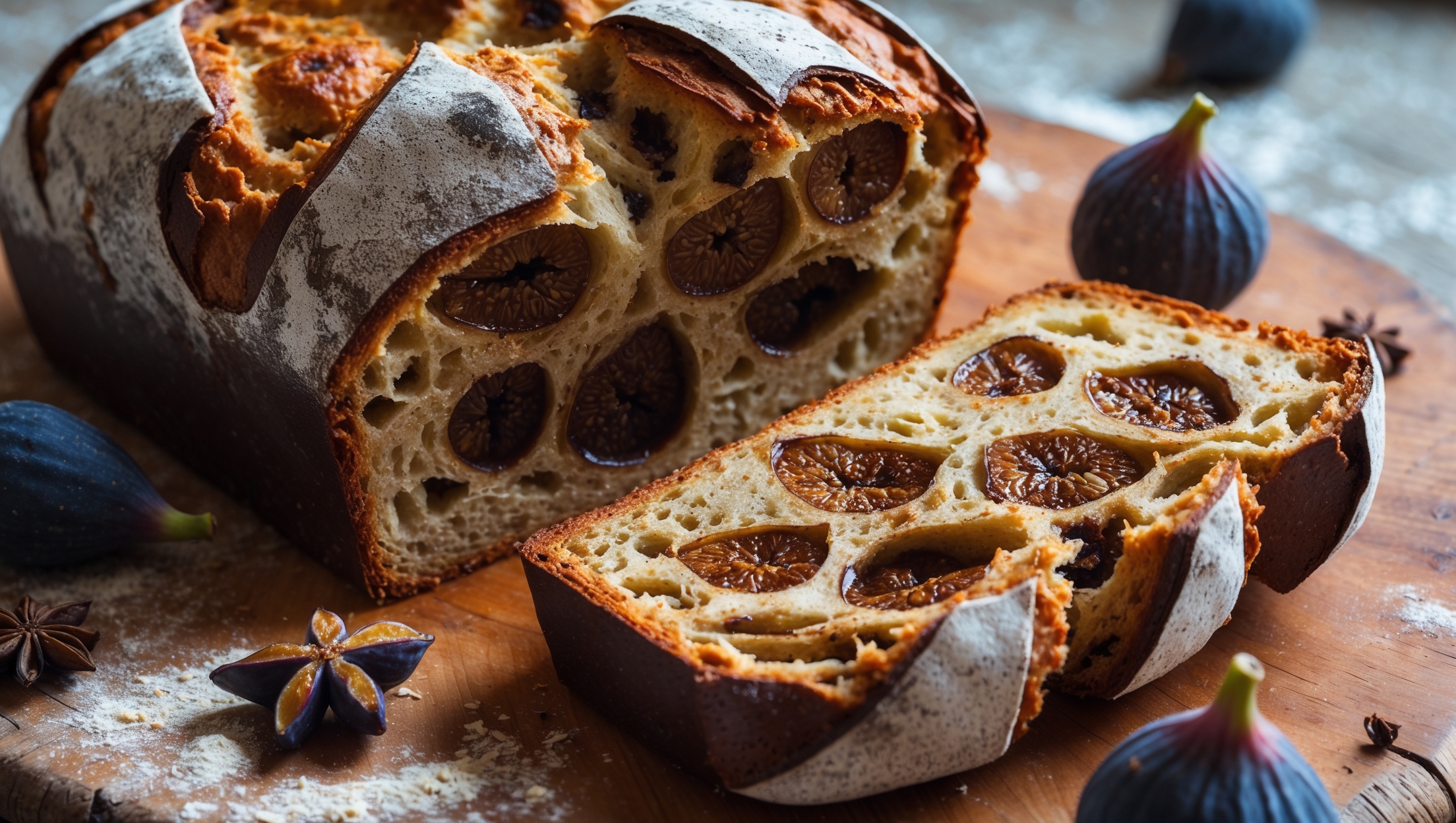 A rustic loaf of Fig and Anise Bread captured in soft natural light on a weathered wooden board, with a cross-section revealing pockets of plump fig pieces scattered throughout the golden-brown crumb. The crust features artistic scoring marks that have opened beautifully during baking, creating an attractive pattern across the deeply caramelized surface. Scattered around the base are a few whole star anise pods and dried figs, while a light dusting of flour remains visible on the crust's high points. A slice is pulled slightly away, revealing the bread's open, airy texture and the glossy, jewel-like fig pieces embedded within the aromatic crumb.