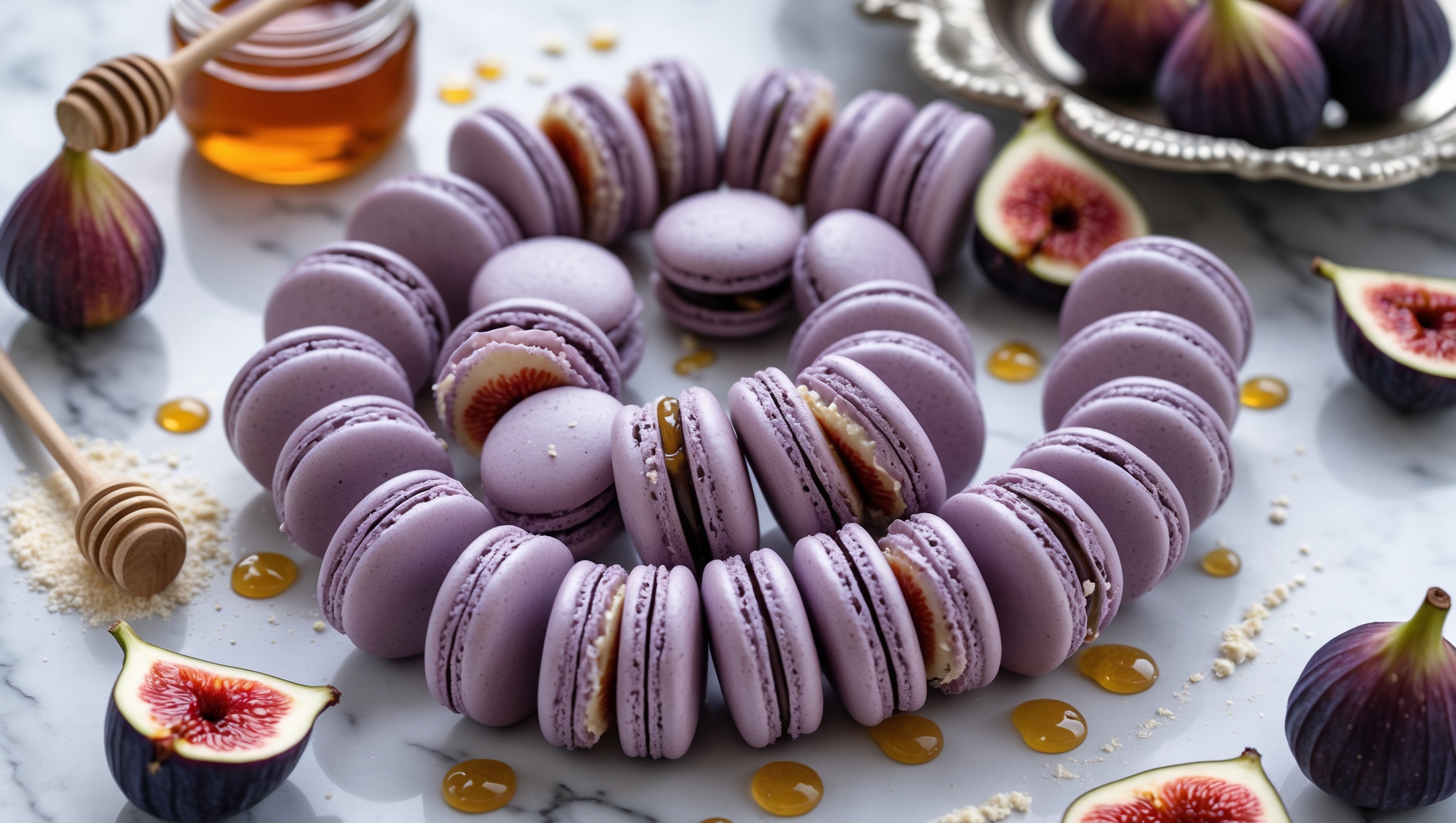 An overhead shot of perfectly formed fig and honey macarons arranged in a spiral pattern on a white marble surface. The macarons display flawless "feet" and smooth domed tops in a soft lavender-purple hue, with some cut in half to reveal the rich fig-speckled filling inside. Scattered fresh figs, sliced to expose their ruby interiors, and a drizzle of golden honey catch the diffused natural light. A small jar of honey with a wooden dipper and a sprinkling of almond flour create context around the edges, while a vintage silver serving tray waits in soft focus in the background, suggesting an elegant afternoon tea setting.