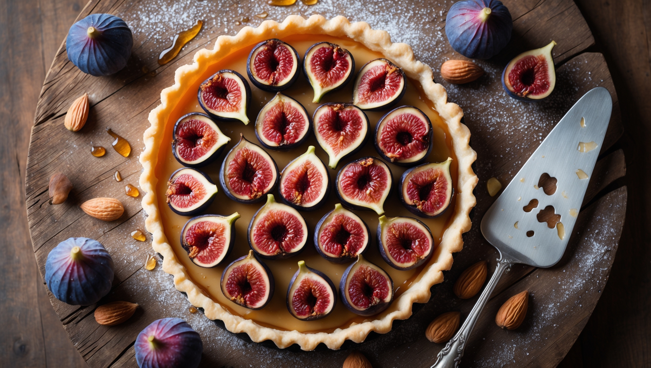 An overhead shot of a rustic fig tart on a weathered wooden board, showcasing concentric circles of caramelized figs revealing their ruby-red centers against a golden almond cream backdrop. Soft natural light highlights the flaky, butter-rich crust with its perfectly crimped edges. A drizzle of honey catches the light as it glazes the fruit, while a few fresh figs and scattered almonds frame the composition. A vintage silver cake server rests nearby, ready to slice through the tart's layers, with a delicate dusting of icing sugar adding subtle contrast to the rich burgundy and amber hues of the baked figs.