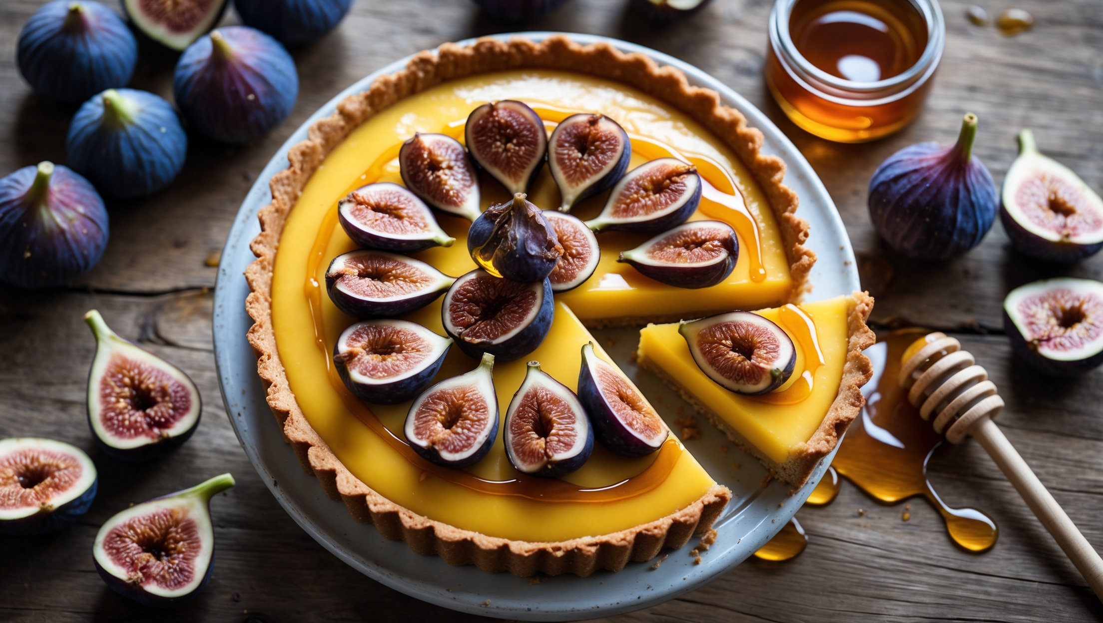 An overhead shot captures a rustic wooden table where a perfectly golden fig and honey custard tart rests on an antique ceramic cake stand. Natural window light highlights the glossy figs arranged in a circular pattern, their deep purple flesh contrasting beautifully with the pale yellow custard beneath. A thin stream of amber honey drizzles artistically across the surface, catching the light as it pools around the caramelized figs. In the background, a scattering of fresh figs, some halved to reveal their jewel-like seeds, alongside a small jar of honey with a wooden dipper, emphasizes the dessert's key ingredients. A slice has been removed, revealing the crisp, buttery crust and the perfectly set custard filling that holds its shape while appearing creamy and luscious.