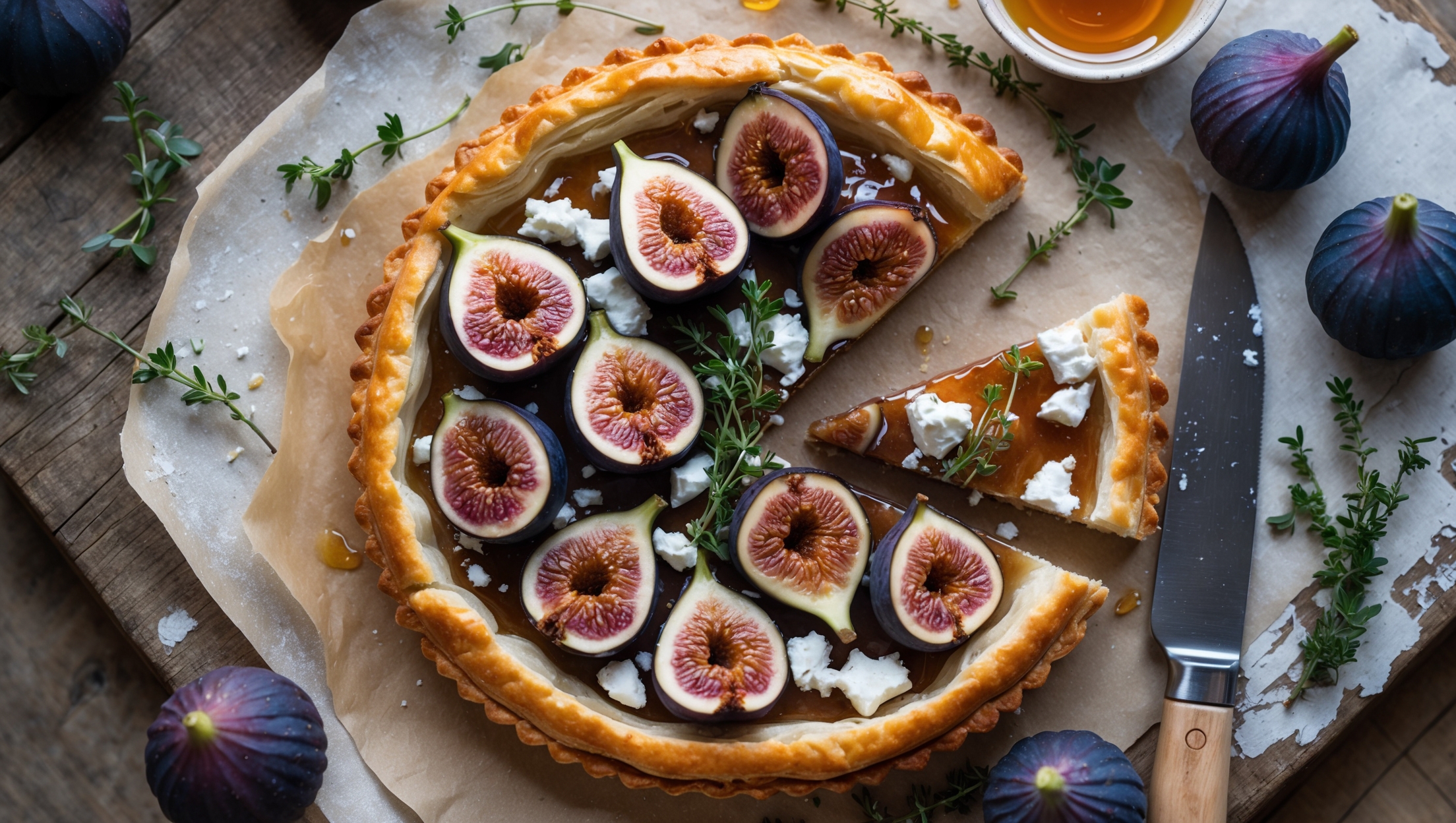 An overhead shot of the rustic Fig and Goat Cheese Tart showcases its golden-brown shortcrust pastry against a weathered wooden board. Natural afternoon light highlights the caramelized fig halves arranged in a circular pattern, their deep purple skin and blush-pink centers glistening with honey. Crumbles of snow-white goat cheese melt slightly between the figs, while sprigs of fresh thyme add vibrant green accents. A knife rests beside a freshly cut slice, revealing the perfect contrast between the crisp pastry base and luscious filling. In the background, a small bowl of honey and scattered fresh figs complete the Mediterranean-inspired scene.