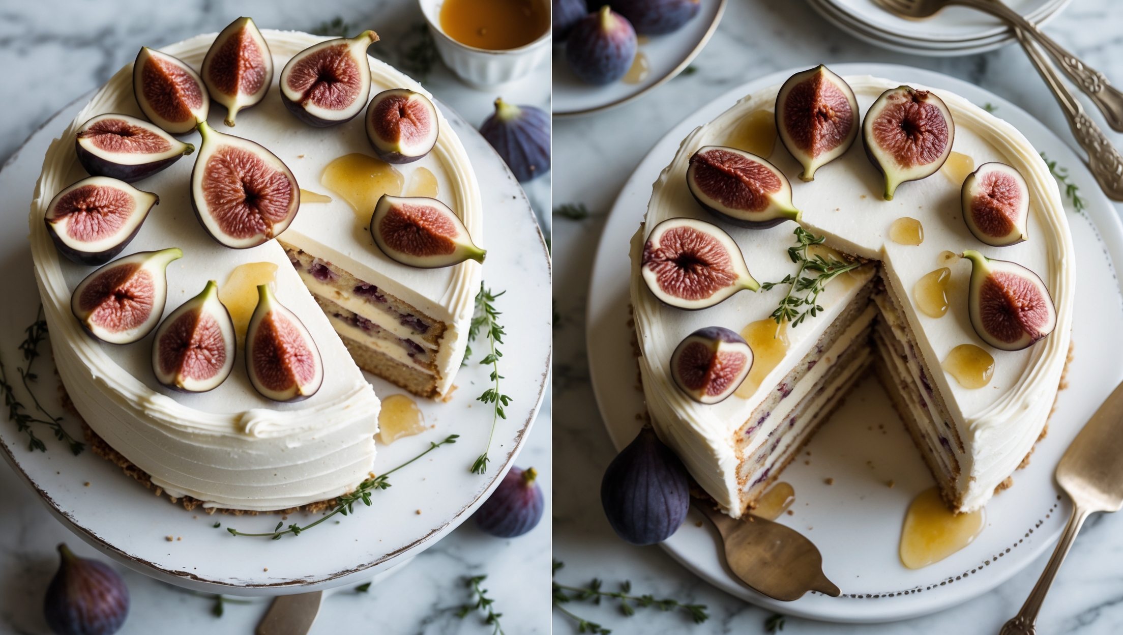 An overhead shot captures this elegant three-tier cake standing tall on a vintage white cake stand, with its smooth mascarpone frosting applied in soft, rustic swirls. A cross-section reveals delicate vanilla sponge layers separated by mascarpone cream studded with fig pieces. The top is adorned with halved fresh figs arranged in a circular pattern, their deep purple flesh contrasting beautifully with the ivory frosting. Honey drizzles catch the soft natural light, creating golden highlights. Several whole figs and scattered thyme sprigs surround the base, while a slice being pulled away reveals the cake's moist interior texture and distinct layers. The scene is set on a marble surface with vintage cutlery, evoking an elegant afternoon tea setting.