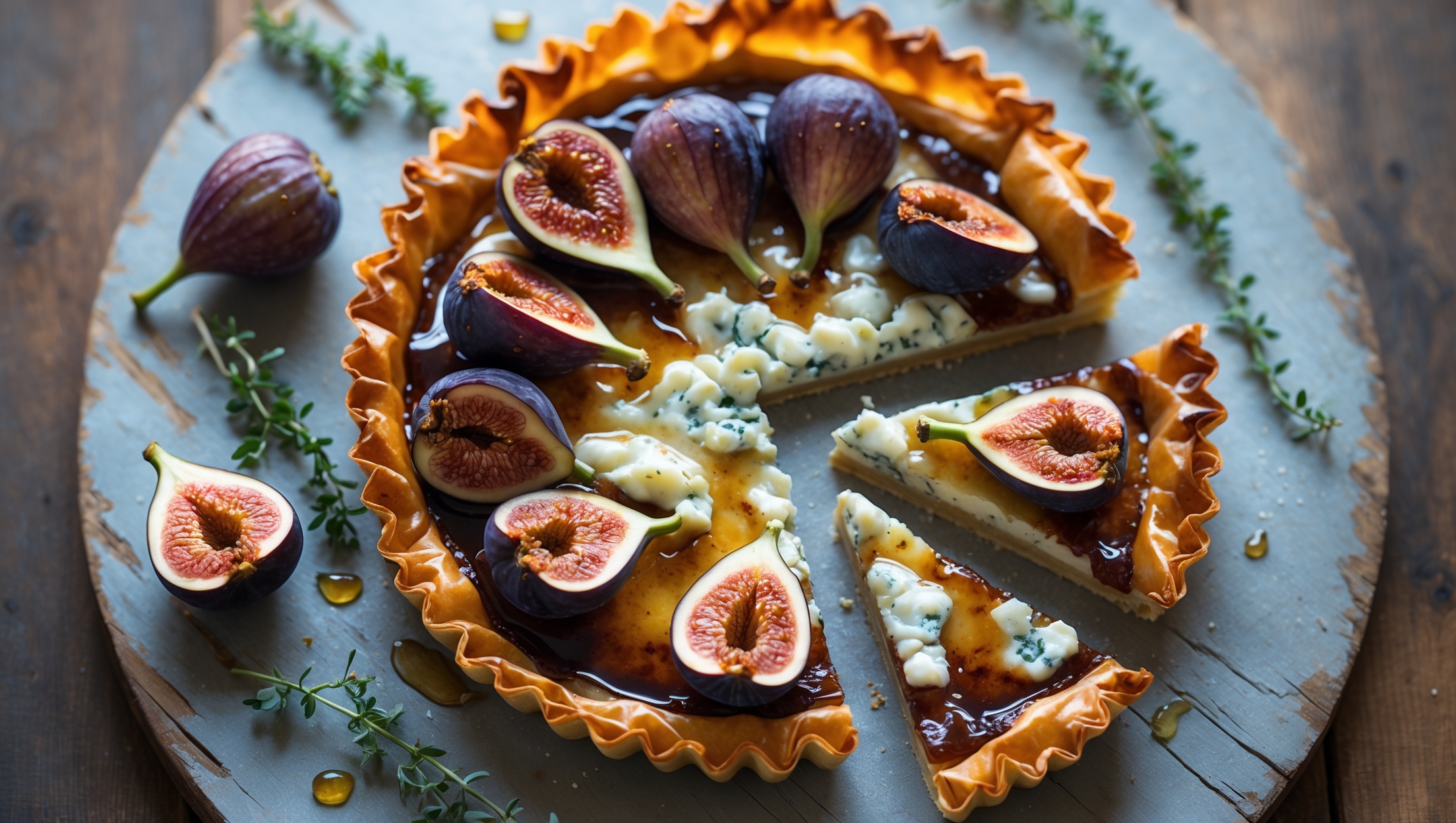 An overhead shot captures the Fig and Blue Cheese Phyllo Tart resting on a weathered wooden serving board, with soft natural light highlighting the golden, shatteringly-crisp edges of the phyllo that have baked to a perfect amber hue. The caramelized figs glisten with honey and balsamic glaze, their deep purple-brown tones contrasting beautifully with the creamy pockets of melted blue cheese. Several fresh figs, halved to reveal their ruby interiors, and sprigs of fresh thyme are artfully scattered around the tart, while a drizzle of honey catches the light as it cascades over the edges. A slice has been removed, revealing the distinct delicate layers of the crisp pastry base and the luscious filling melding together in perfect harmony.