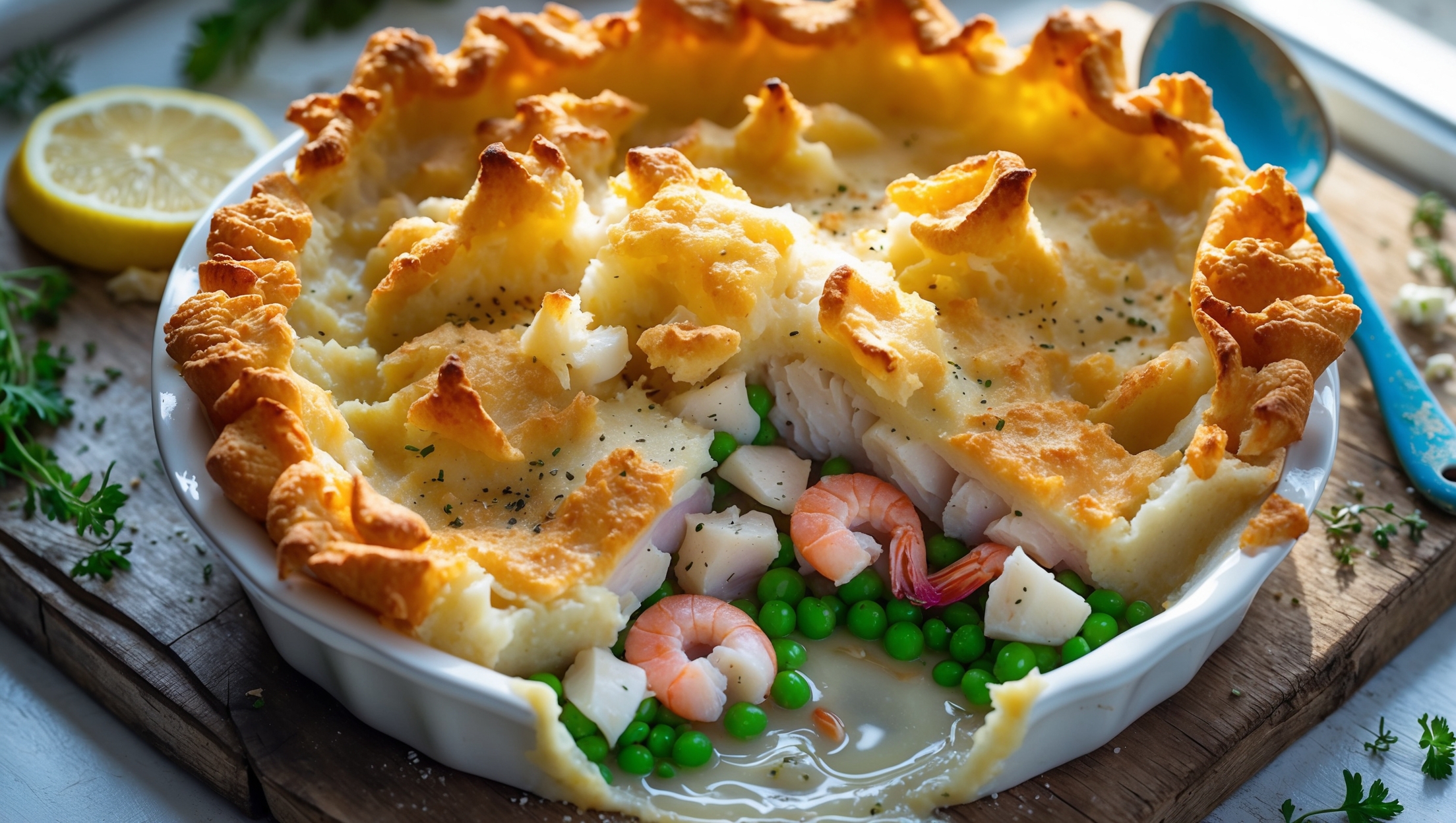 An overhead shot of a golden-brown fish pie fresh from the oven, with the crispy mashed potato peaks glistening under soft window light. A cross-section reveals layers of creamy sauce studded with chunks of white fish, pink prawns and vibrant peas nestled beneath the potato topping. Steam gently rises from where a portion has been scooped away, revealing the silky sauce pooling into the gap. The pie sits atop a weathered wooden board with scattered fresh herbs, lemon wedges, and a vintage blue serving spoon positioned nearby, while a sprinkle of black pepper adds contrast against the creamy surface.