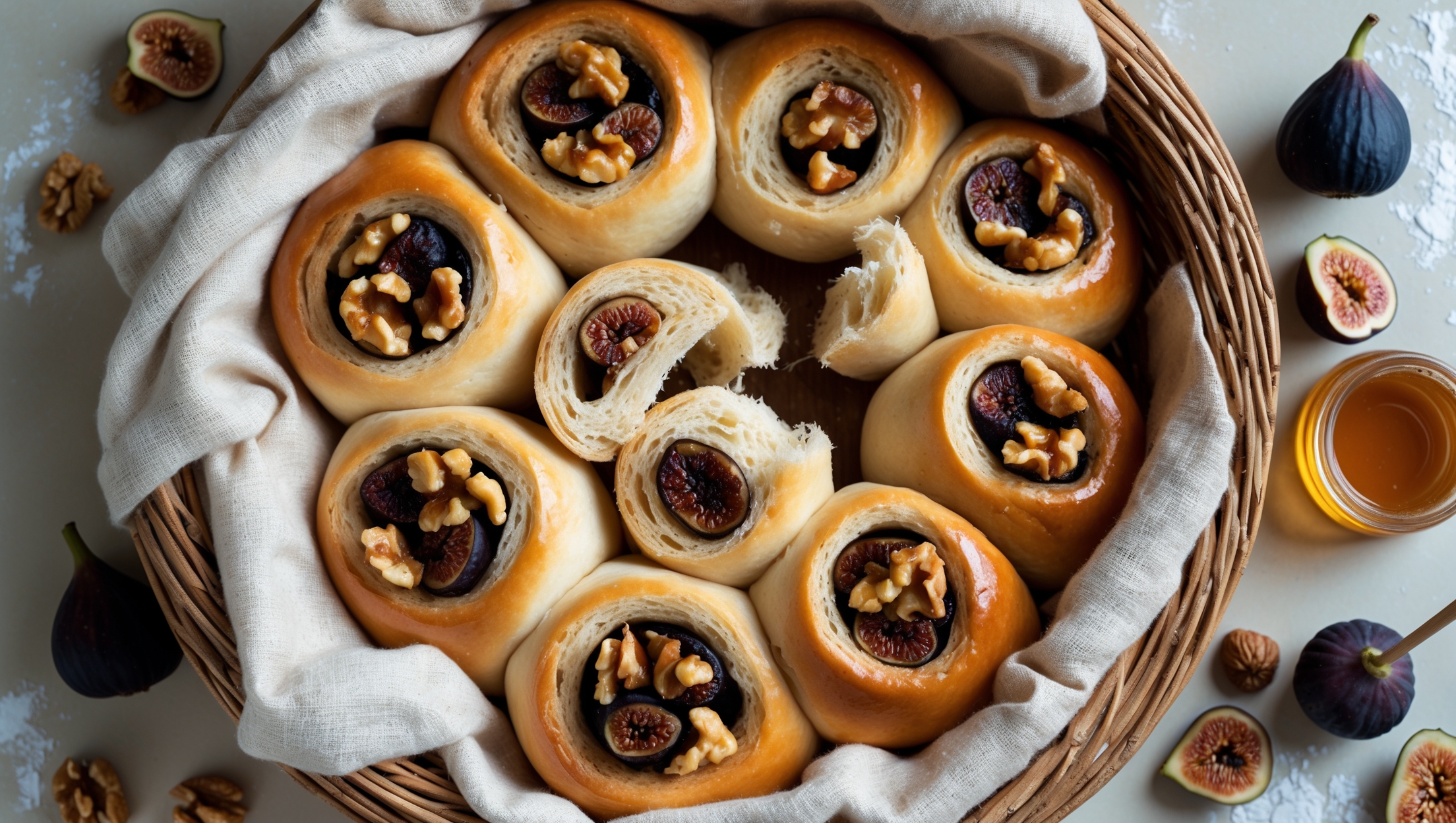 An overhead shot of golden-brown Fig and Walnut Rolls arranged in a rustic wicker basket lined with a cream linen cloth, some broken apart to reveal their tender interior studded with chunks of amber figs and caramelized walnuts. The cross-section shows a perfect spiral of soft, airy dough with pockets of fig pieces and walnut fragments distributed throughout. Shot in soft natural morning light with scattered walnut halves and a few dried figs artfully placed alongside the basket. A light dusting of flour adds a rustic touch, while a small pot of honey with a wooden dipper sits nearby, suggesting the perfect accompaniment to these aromatic, fruit-filled rolls.
