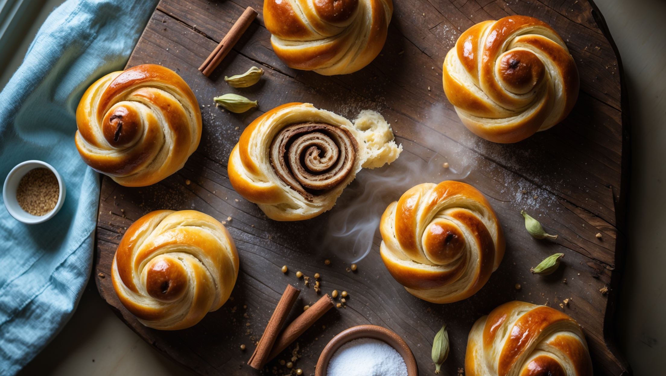 Overhead shot of golden-brown korvapuusti arranged on a rustic wooden board, with one bun pulled slightly apart to reveal the cinnamon-cardamom swirls inside. Soft natural light streaming through a kitchen window highlights the signature twisted shape and glistening pearl sugar topping. A scattered dusting of cardamom pods, cinnamon sticks, and a small bowl of pearl sugar complete the styling. The rich amber-colored buns contrast beautifully against a light blue linen napkin, with steam still visible rising from the freshly baked pastries, suggesting their warm, aromatic interior.