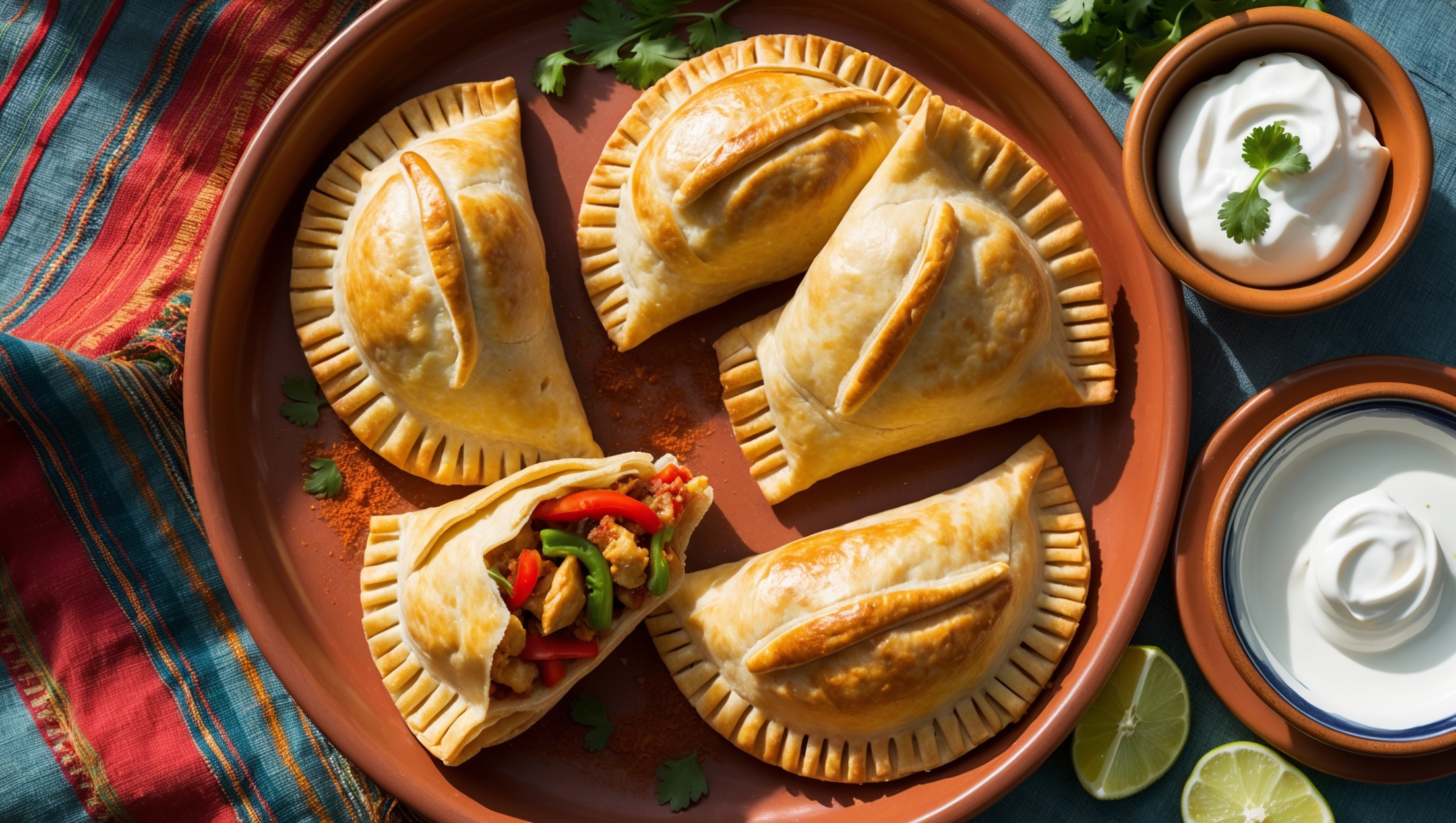 Overhead shot of golden-brown hand pies arranged on a rustic terracotta platter, with one pie broken open to reveal the colorful filling of seasoned chicken, vibrant red and green peppers, and melted cheese. The pastry displays perfect lamination with visible flaky layers catching the warm afternoon light. A small bowl of sour cream sits alongside with a scattering of fresh cilantro and lime wedges adding pops of green. The backdrop features a Mexican-inspired textile in muted blues and reds, while a light dusting of chili powder on the plate's edge adds warmth to the composition.