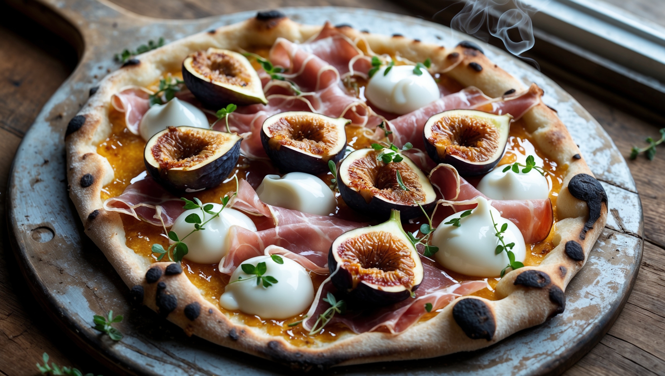 An overhead shot of a rustic fig and prosciutto pizza resting on a weathered wooden pizza peel. The crust has blistered to golden perfection with charred spots along the edges. Thin slices of prosciutto curl delicately atop caramelized fig halves that glisten under a light honey drizzle. Dollops of melted goat cheese create creamy white pools against the light golden base, while scattered fresh thyme leaves add specks of green. Natural window light highlights the textural contrast between the crisp crust, silky prosciutto, and jammy figs, while wisps of steam suggest it's just emerged from a hot oven.