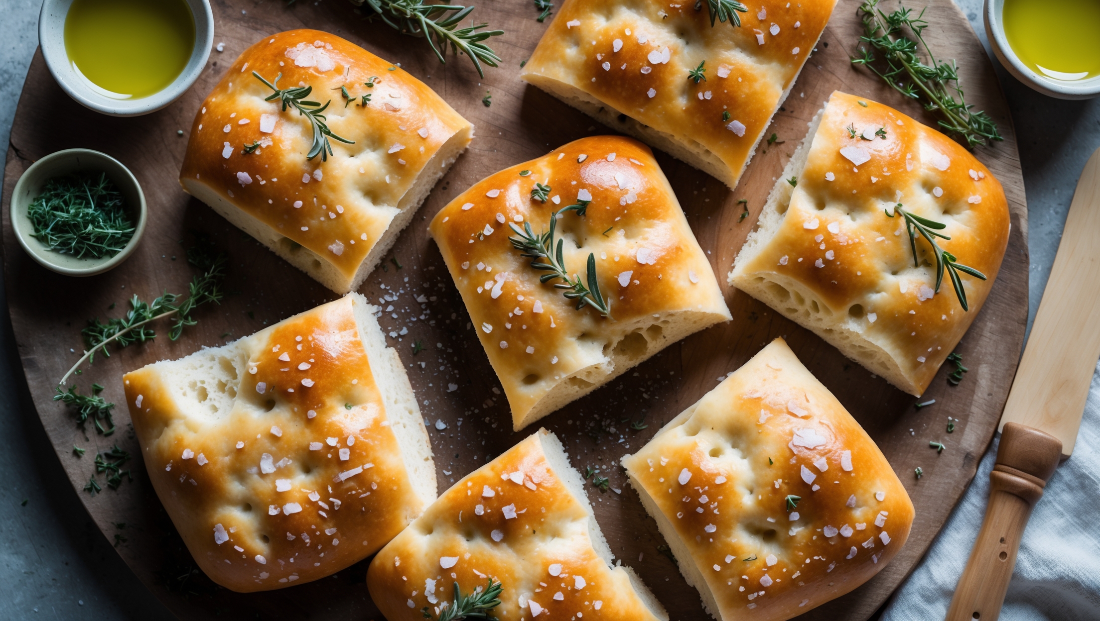 An overhead shot of golden-brown focaccia rolls arranged on a rustic wooden board, their dimpled tops glistening with extra virgin olive oil and sprinkled with flaky sea salt, fresh rosemary, and tiny purple flecks of thyme flowers. A cross-section view reveals the airy, open crumb structure within, while scattered herbs and a small bowl of additional olive oil create a Mediterranean tablescape. The soft natural light highlights the crispy edges and creates gentle shadows that emphasize the textural contrast between the crunchy exterior and the soft, pillowy interior. A linen napkin and wooden bread knife rest alongside, suggesting an inviting, casual dining experience.