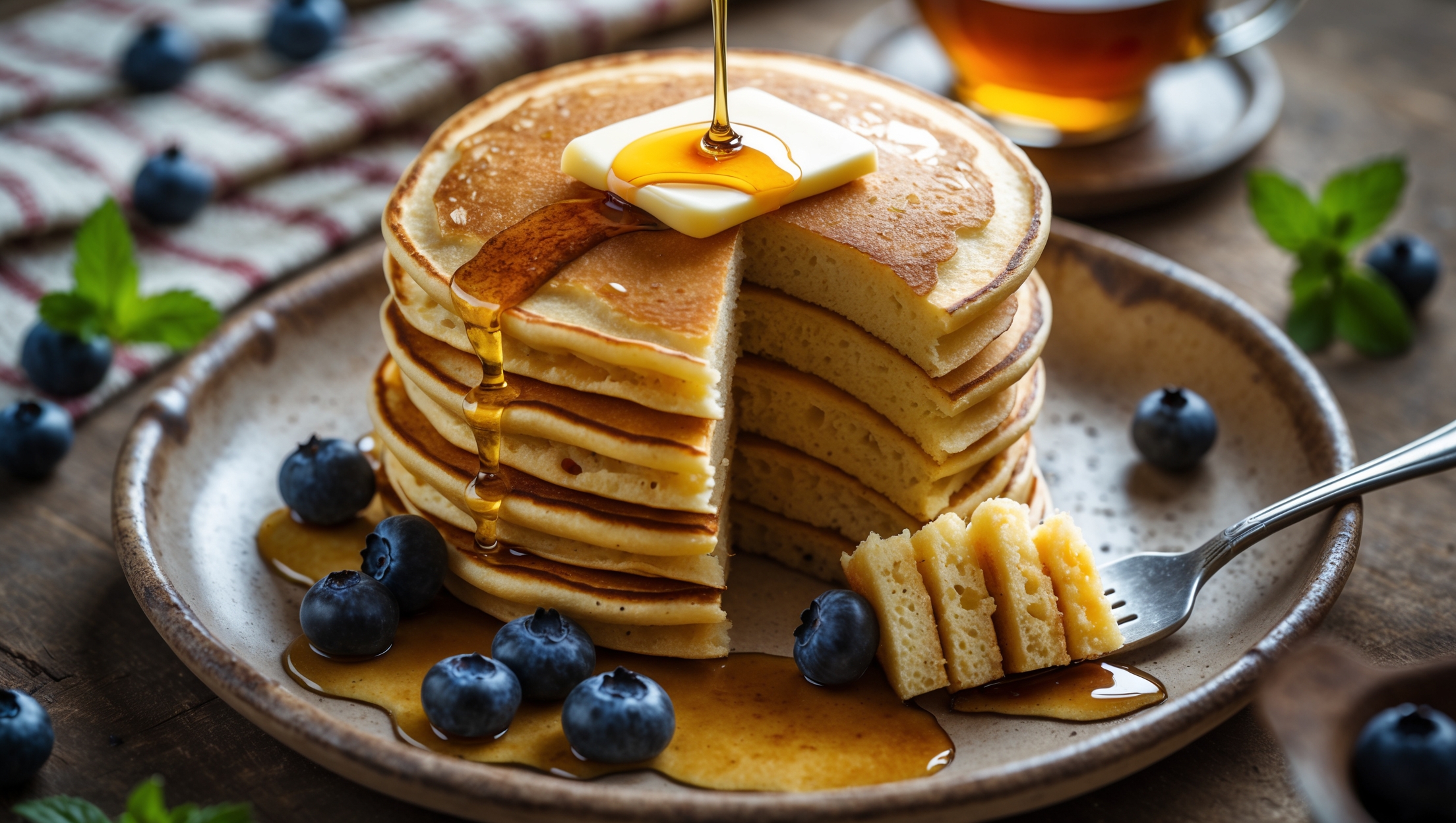 An overhead shot of a tall stack of three golden-brown pancakes on a rustic ceramic plate, with melted butter slowly cascading down the sides and pure maple syrup being drizzled from above. Soft natural morning light streams in from the side, highlighting the delicate steam rising from the warm pancakes. The stack reveals perfectly fluffy interiors with tiny air pockets visible in the cross-section. Scattered fresh blueberries and a few sprigs of mint add vibrant color contrast, while the background features a vintage checked napkin and a small pitcher of additional maple syrup. A fork with a small bite taken from the stack rests on the side of the plate, revealing the pancakes' pillowy texture.