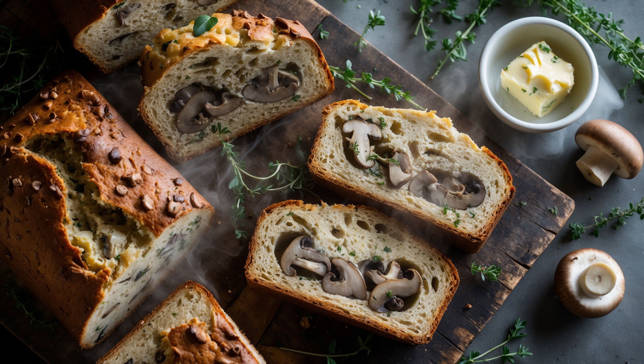 An overhead shot of thick, rustic slices of mushroom-studded quick bread arranged on a weathered wooden board, with a cross-section view revealing pockets of sautéed wild mushrooms and herbs throughout the tender crumb. The bread's golden-brown crust glistens slightly under soft natural lighting, highlighting its textural contrast with the moist interior. Scattered around the board are fresh thyme sprigs, a small bowl of truffle butter, and a few whole mushrooms, creating a woodland-inspired tableau. Steam rises gently from a freshly cut slice, emphasizing the bread's warmth and showcasing the aromatic nature of this savory bake.