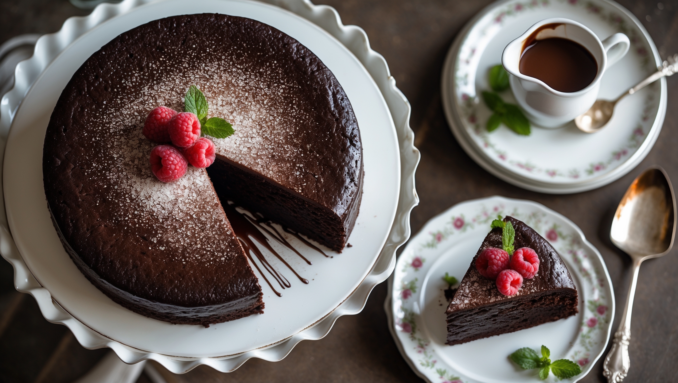 An overhead shot of a dark, glossy Flourless Chocolate Cake on an elegant white cake stand, with a single slice cut to reveal the cake's incredibly moist, fudgy interior. The top surface displays a characteristic crackly crust scattered with a light dusting of cocoa powder and decorated with fresh raspberries. Soft natural lighting highlights the cake's velvety texture, while streams of molten chocolate cascade from the center when cut. A small pitcher of warm chocolate sauce sits nearby, alongside a vintage silver cake server and a delicate white china plate holding a perfect slice garnished with a mint sprig and a dollop of whipped cream.