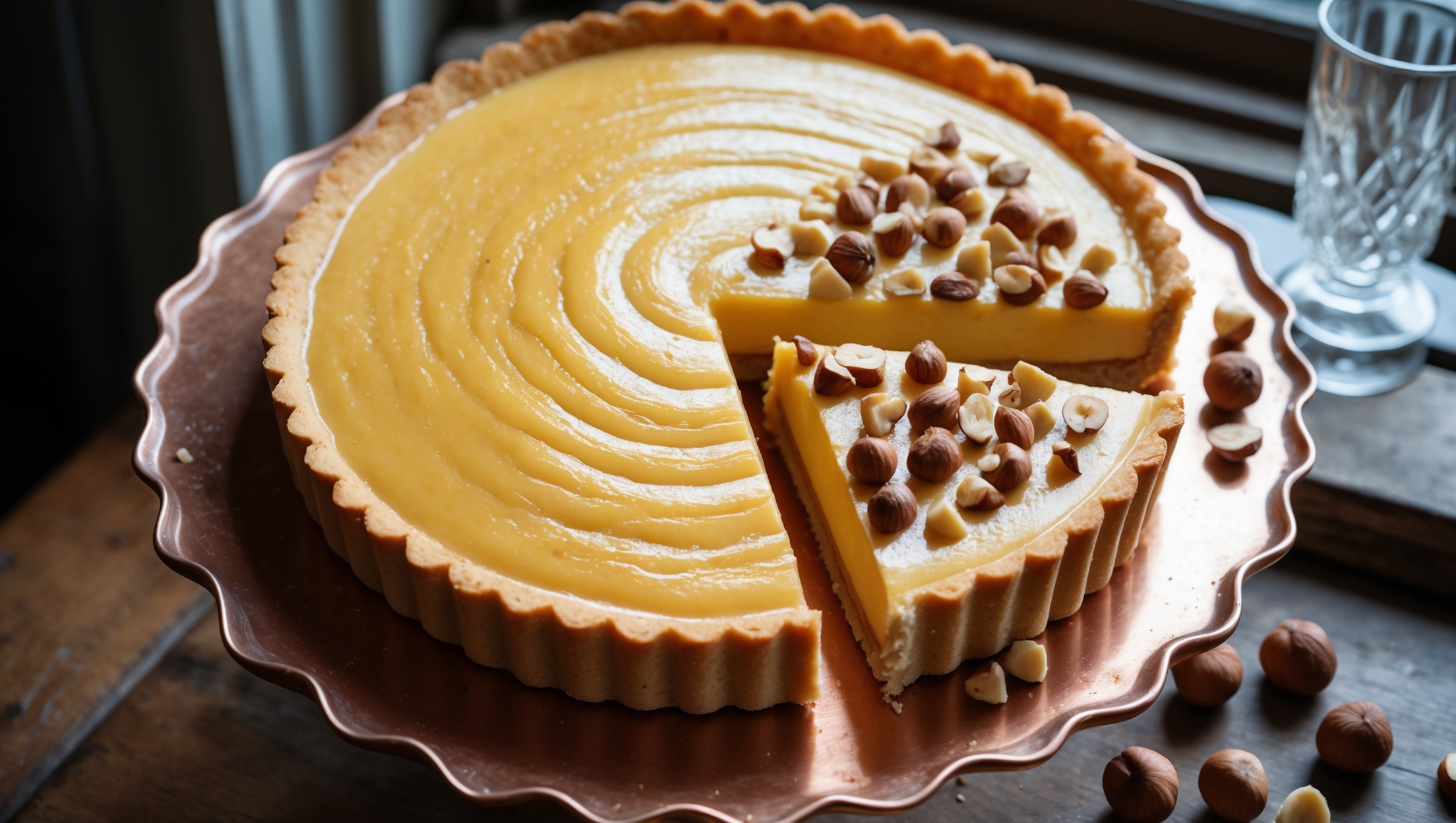An overhead shot of a perfectly golden Frangelico Hazelnut Custard Tart displayed on an aged copper cake stand with delicate scalloped edges. Natural window light highlights the silky smooth custard surface that gleams with a subtle amber hue from the Frangelico liqueur. The tart's butter-rich shortcrust edge exhibits perfect fluting marks, creating a beautiful contrast against the filling. From a cross-section perspective, the clean slice reveals distinct layers: the crisp, sandy pastry base, the luscious hazelnut-speckled custard, and the garnish of toasted hazelnuts arranged artfully on top. Several whole and chopped hazelnuts are scattered around the base of the stand alongside a small crystal glass of Frangelico, creating a warm, rustic atmosphere that emphasizes the tart's luxurious yet homey appeal.