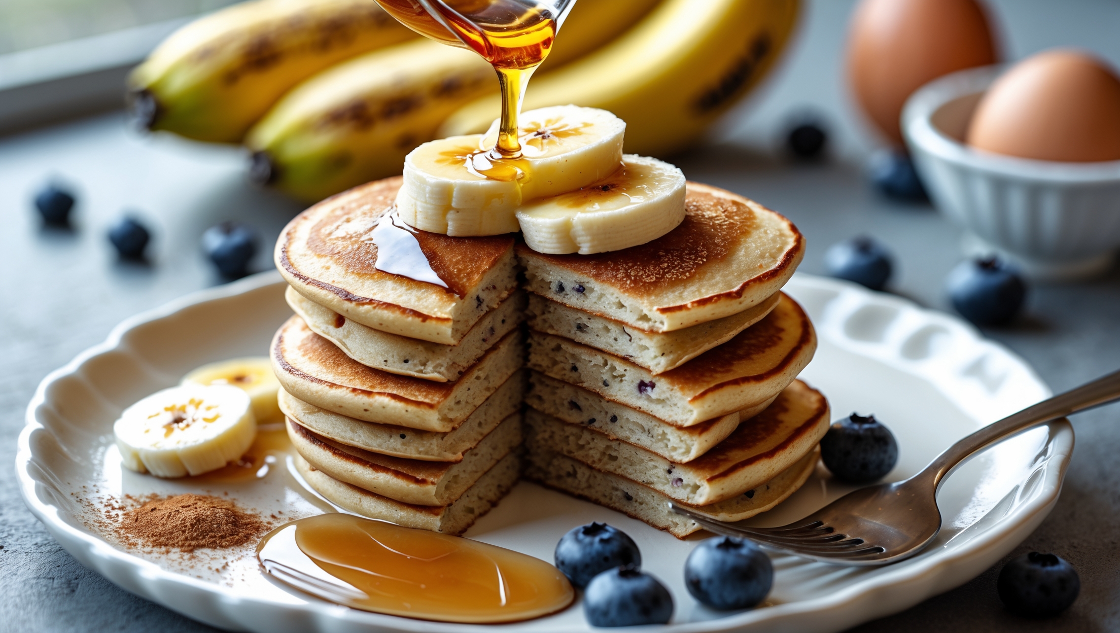 A bright, daylight shot of golden-brown banana pancakes stacked three high on a white ceramic plate, with a pat of melting butter slowly dripping down the sides. The foreground features a drizzle of amber maple syrup being poured from a small glass pitcher, catching the natural light. Fresh banana slices and a sprinkle of cinnamon garnish the top, while blueberries scatter around the plate's edge. A fork rests nearby, having just cut into the stack, revealing the moist, fluffy interior that's speckled with tiny banana pieces. The background shows out-of-focus fresh ingredients – ripe bananas and a small bowl of eggs – suggesting the simplicity of the recipe.