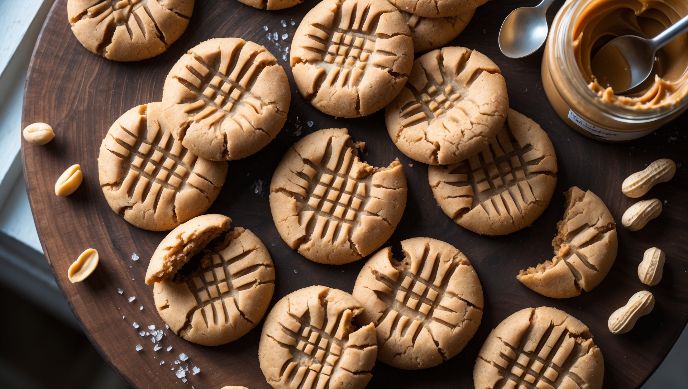 An overhead shot of perfectly cracked flourless peanut butter cookies arranged in a casual spiral on a rustic wooden board, with a few cookies broken in half to showcase their dense, slightly fudgy centers. The cookies feature distinguished fork-mark crosshatches on their golden-brown tops, with visible sugar crystals catching the soft natural light streaming through a kitchen window. A small jar of natural peanut butter sits nearby with a spoon resting against it, while a scattering of whole peanuts adds texture to the composition. The warm amber tones of the cookies contrast beautifully with the deep brown wood surface, emphasizing their homemade charm and irresistible texture.