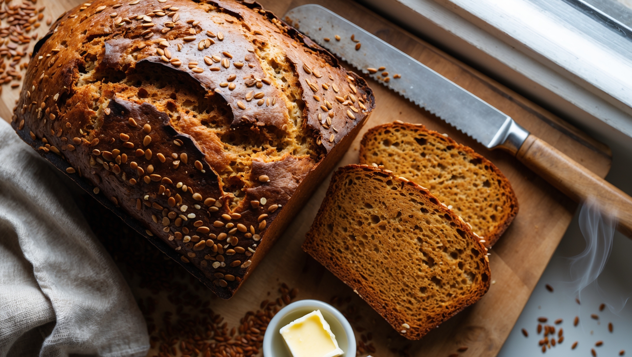 An overhead shot of a freshly baked flaxseed loaf with a perfectly cracked golden-brown crust, captured in soft natural light streaming through a kitchen window. A cross-section view reveals the bread's hearty texture studded with visible flaxseeds throughout the amber-colored crumb. The loaf rests on a rustic wooden cutting board with scattered whole flaxseeds and a linen tea towel nearby, while a serrated knife and a small dish of butter sit alongside, suggesting immediate enjoyment. Steam gently rises from a freshly cut slice, emphasizing the bread's warmth and freshness.