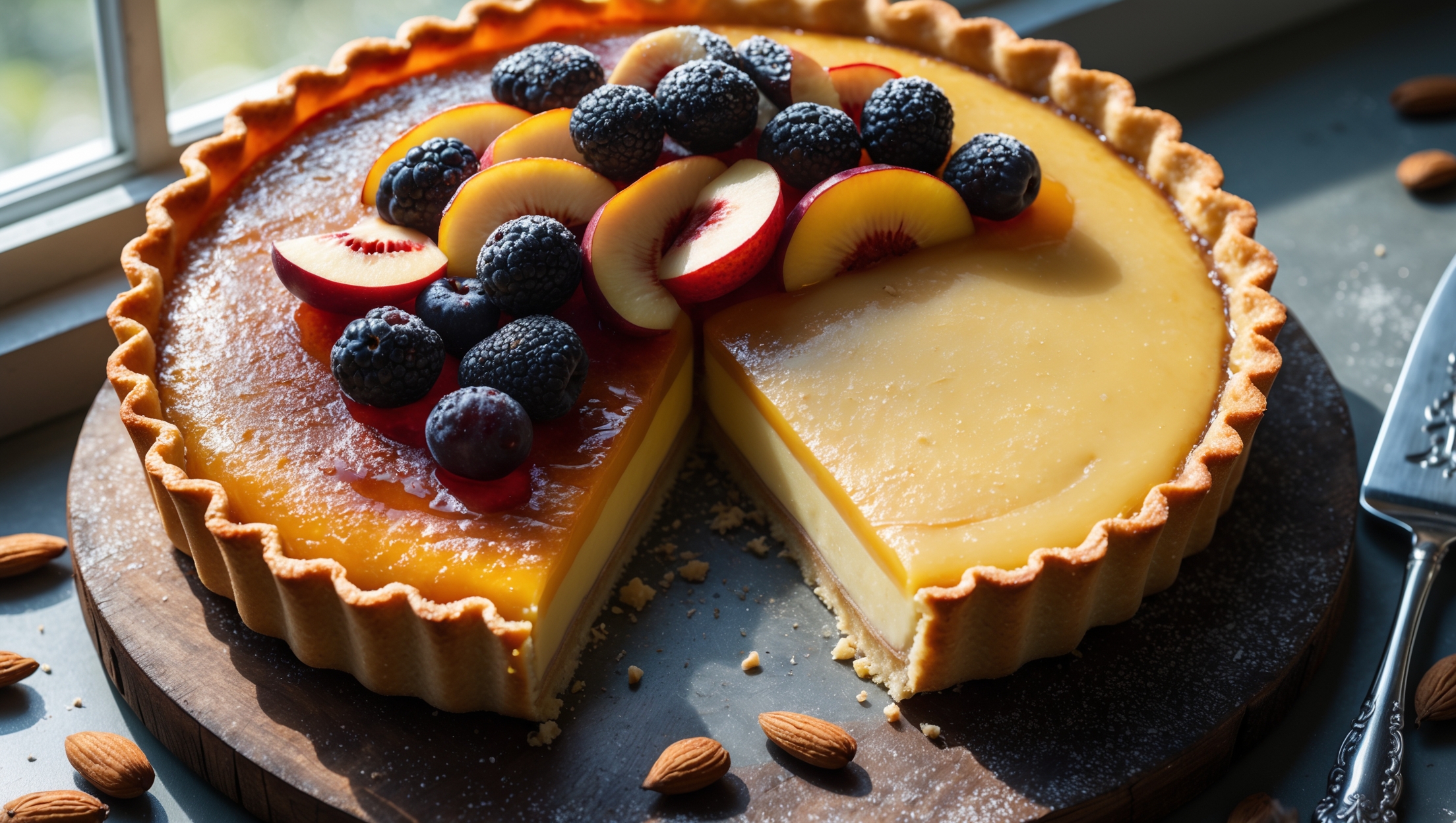 Overhead shot of a perfectly baked frangipane custard tart with a scalloped golden-brown edge and caramelized top surface. The cross-section reveals distinct layers - crisp pastry shell, amber-hued frangipane, and pale yellow custard - all crowned with artfully arranged fresh berries and sliced stone fruits. A dusting of icing sugar catches the soft natural light streaming through a kitchen window. The tart sits on a weathered wooden board alongside scattered almonds and vanilla pods, with a silver cake server poised to cut a slice, revealing the moist, dense frangipane layer melding beautifully with the smooth custard.