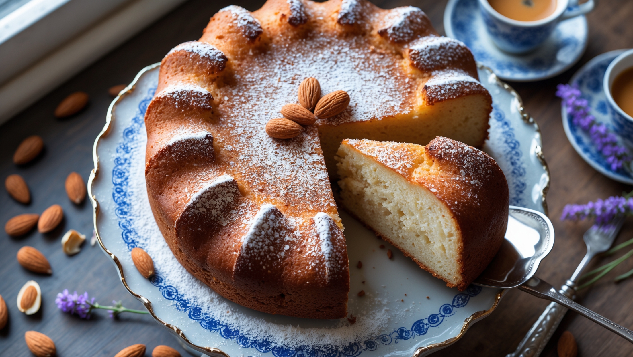 An overhead shot of a golden-brown French Almond Cake dusted with powdered sugar, revealing its delicate crumb on a slice pulled slightly away from the whole. The cake sits on an antique porcelain cake stand with blue detailing, surrounded by scattered whole and sliced almonds. Soft natural window light highlights the cake's moist texture, while a silver cake server rests alongside, ready to cut the next piece. A small sprig of fresh lavender and a cup of espresso add Mediterranean charm to the scene, emphasizing the cake's French origins and perfect afternoon tea pairing.
