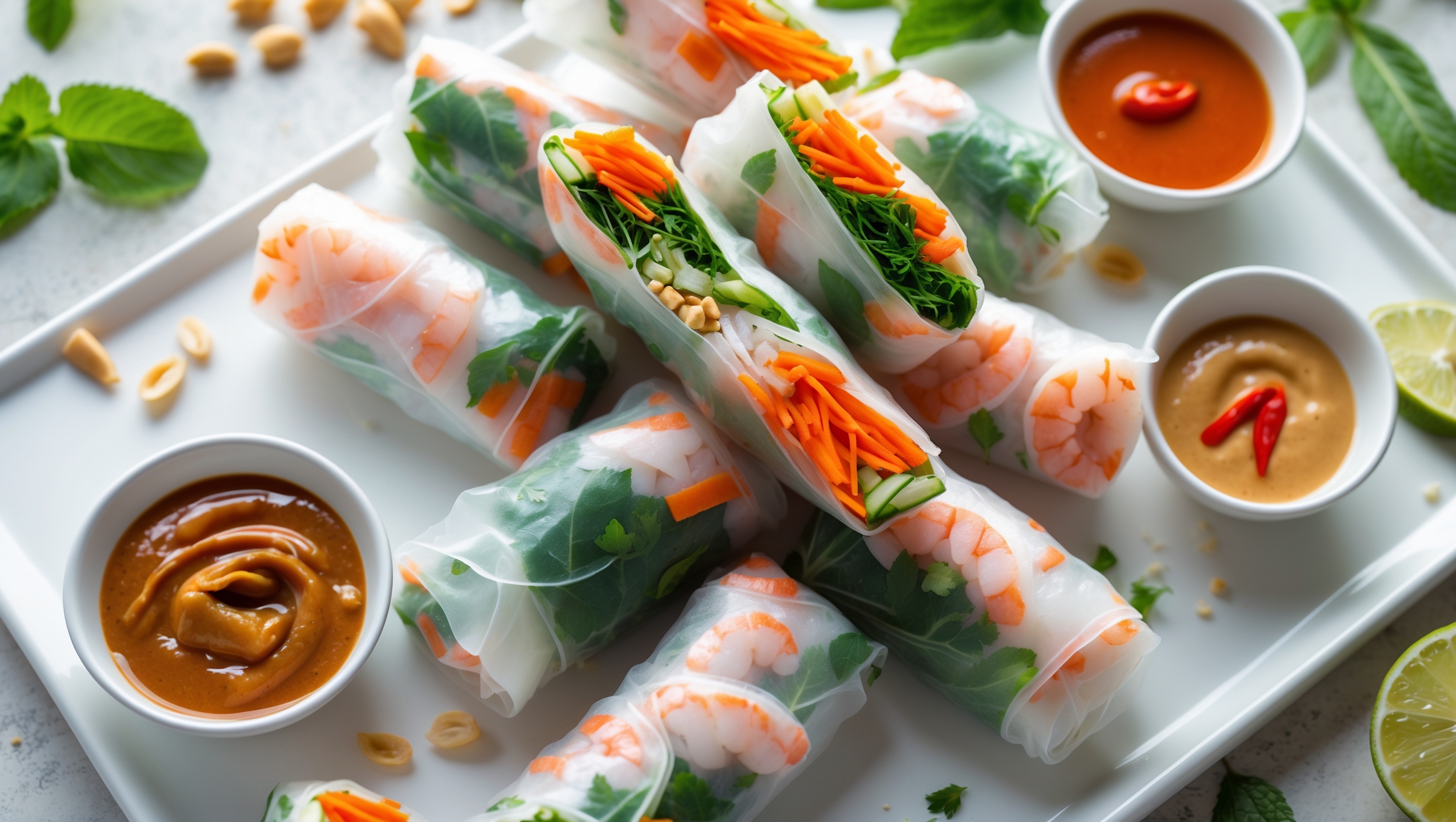 An overhead shot of translucent spring rolls arranged on a sleek white rectangular platter, their colorful fillings creating a beautiful mosaic visible through the rice paper wrappers. A cross-section view reveals the perfect layering of fresh herbs, julienned vegetables, and protein. The scene is bathed in bright natural light, highlighting the rolls' glistening surfaces and the contrast between the green herbs, orange carrots, and pink shrimp. Small dipping bowls of peanut sauce and chili sauce sit alongside, their rich textures complementing the fresh rolls. Scattered mint leaves, lime wedges, and chopped peanuts surround the platter, adding rustic charm against the delicate rice paper parcels.