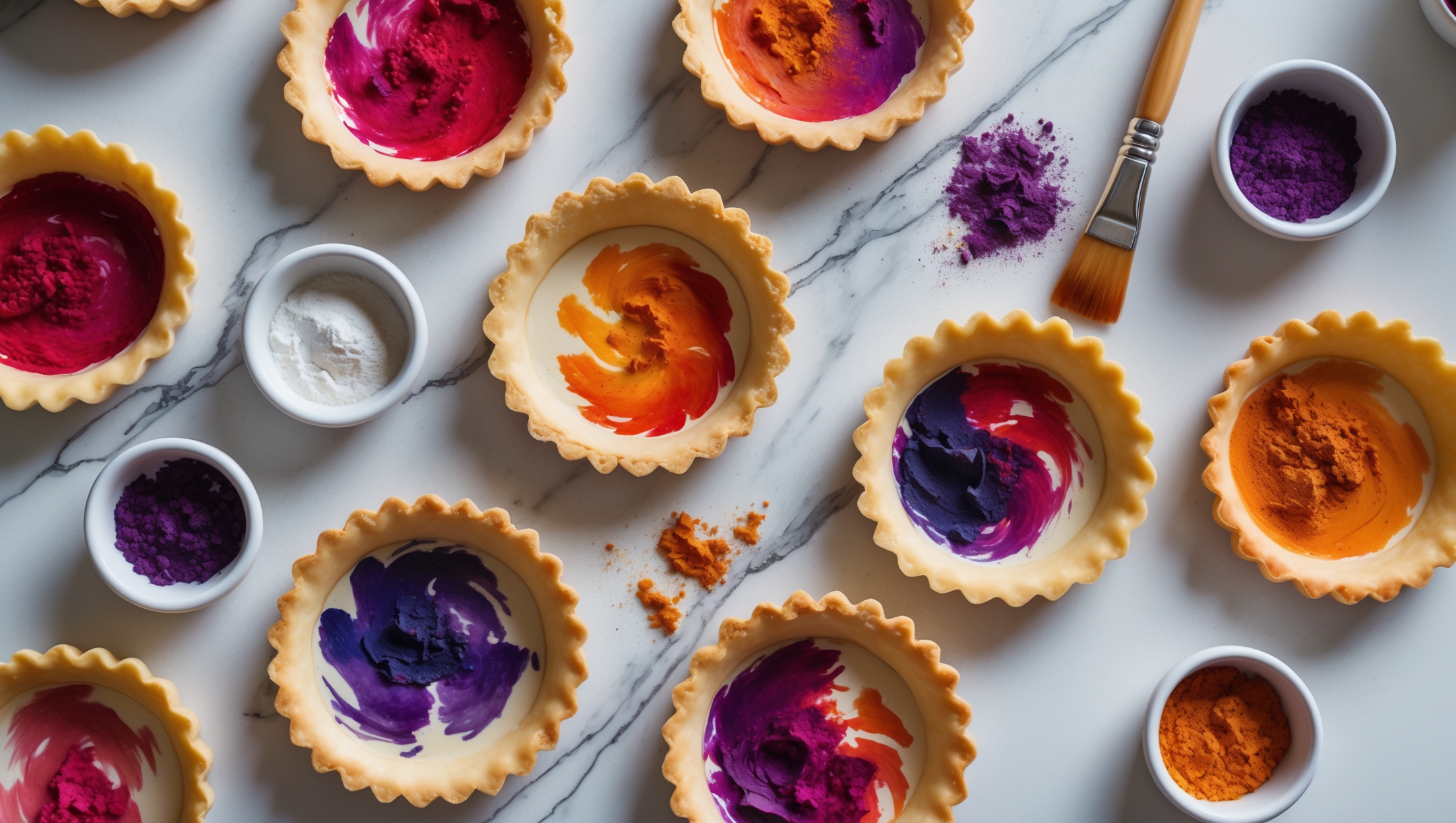 An overhead shot captures multiple tart shells arranged on a white marble surface, each painted with different freeze-dried fruit powders creating a watercolor-like effect of vibrant reds, purples, and oranges. A cross-section view reveals the delicate, flaky layers of the golden shortcrust. Natural window light accentuates the texture of the pastry and the painterly swirls of color. In the background, small bowls of various freeze-dried fruit powders add context, while a fine artist's brush rests alongside the finished tarts, hinting at the technique used. The contrast between the crisp, structured pastry edges and the free-flowing artistic designs highlights the marriage of precision baking and creative expression.