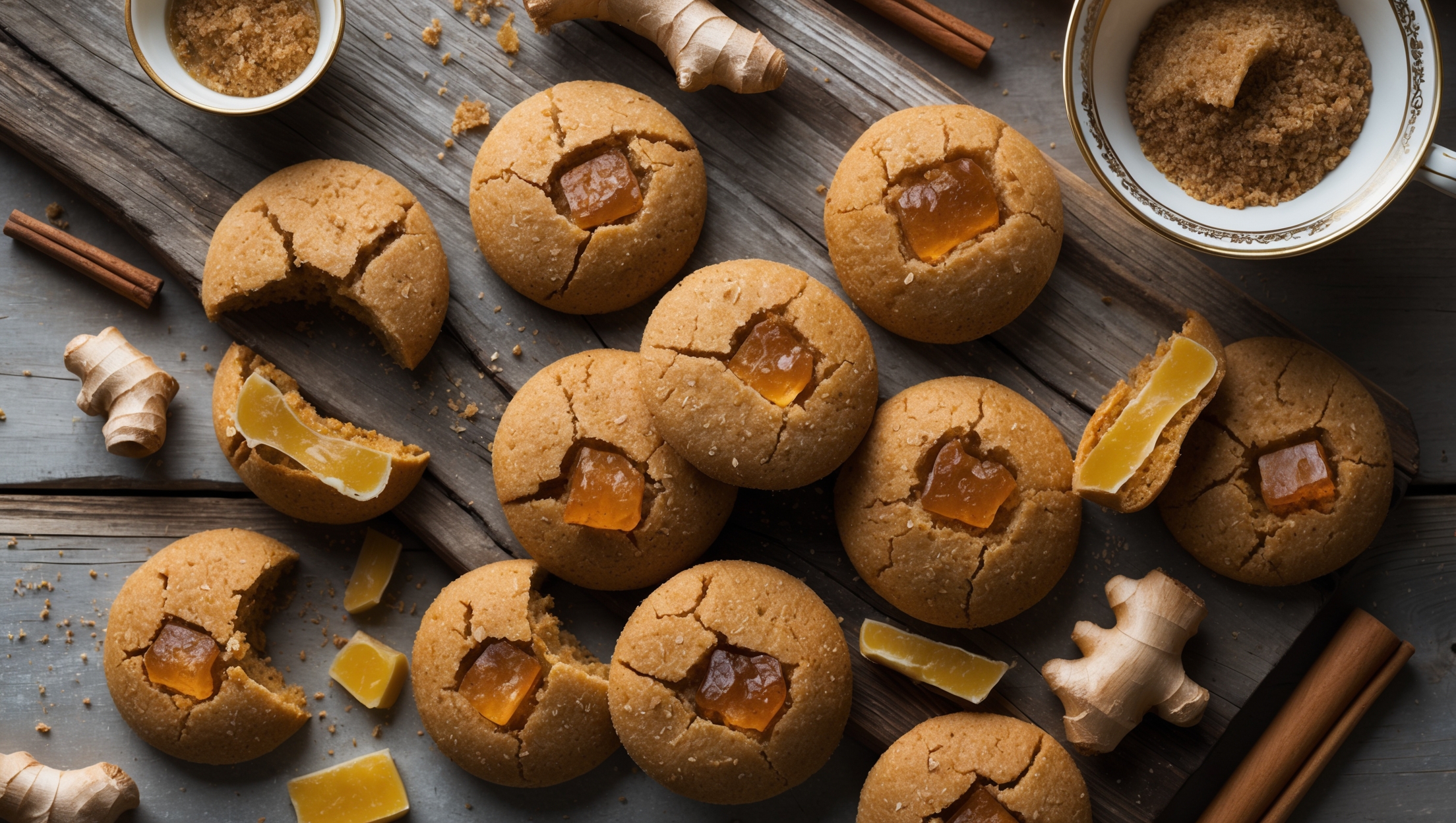 An overhead shot of rustic, golden-brown cookies with visible specks of fresh and crystallized ginger arranged on a weathered wooden board. Several cookies are broken in half, revealing their chewy centers and crystallized ginger chunks. Scattered around the board are pieces of fresh ginger root, cinnamon sticks, and a small bowl of brown sugar catching the soft window light. A vintage tea cup sits alongside the cookies, suggesting the perfect pairing. The warm, amber tones of the cookies contrast beautifully with the natural wood surface, while a light dusting of sugar creates a subtle sparkle across the crackled tops.