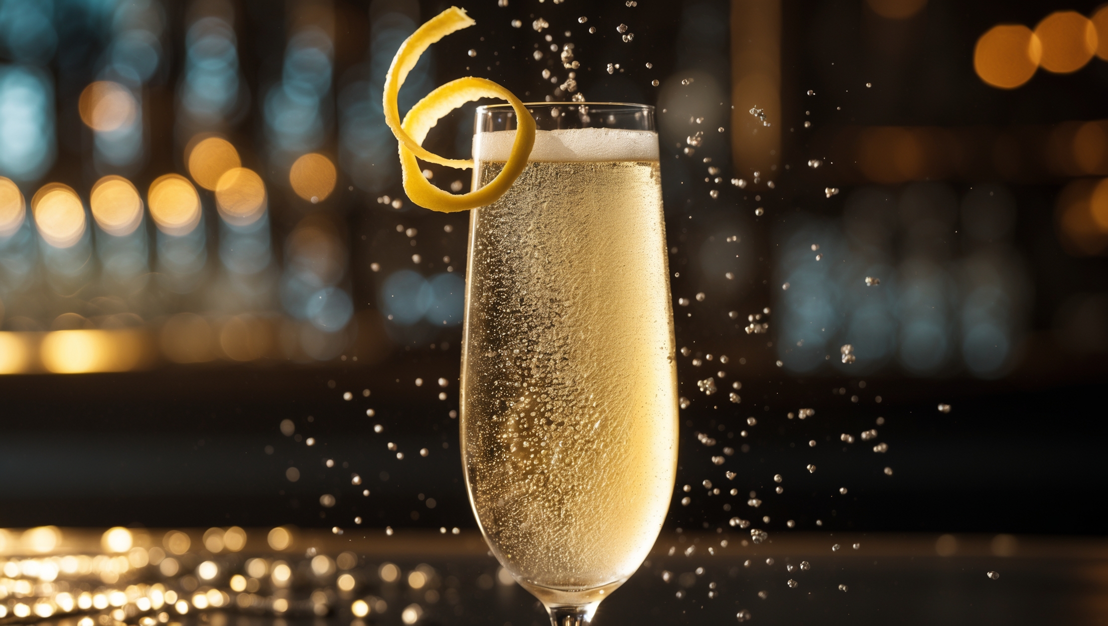 A tall, elegant flute showcasing the French 75's crystal-clear body with rising champagne bubbles catching the golden bar lighting. A delicate lemon twist spirals over the rim, contrasting against the pale straw-colored cocktail. Condensation beads form on the outside of the chilled glass, while ambient light creates a subtle halo effect around the drink. The champagne's effervescence is captured mid-action as tiny bubbles race to the surface, emphasizing the cocktail's celebratory nature and refreshing character.