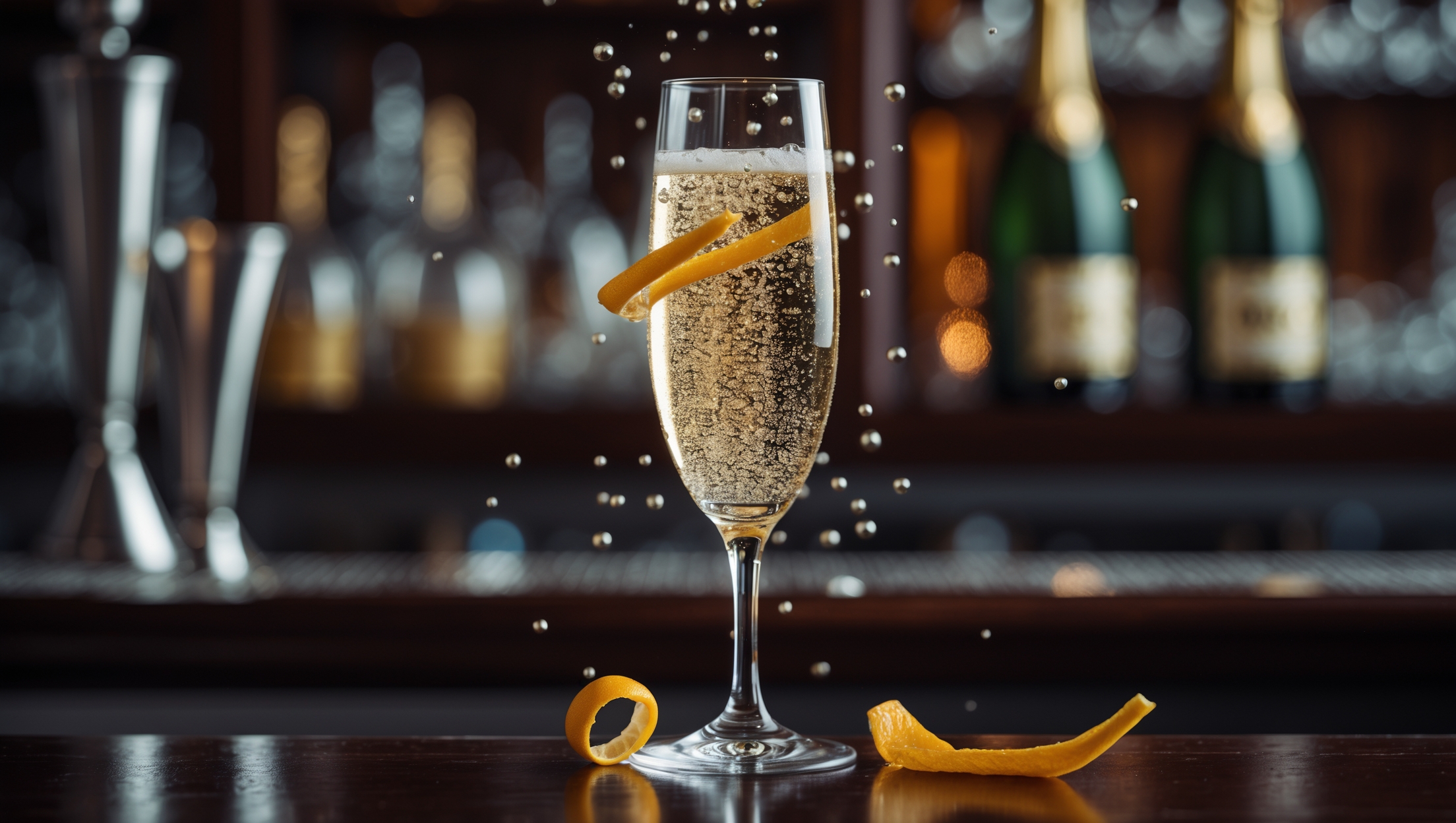 An elegant flute glass photographed against a dark mahogany bar, capturing the dynamic effervescence of rising champagne bubbles carrying subtle golden hints in crystal-clear liquid. In dramatic low lighting, delicate beads of condensation form on the tall, slim glass while a spiral of lemon peel wraps artfully around the outer rim, casting a citrus shadow. The frame includes blurred background elements suggesting a luxurious setting with vintage champagne bottles and silver bar tools just visible, emphasizing the cocktail's refined heritage and festive character.