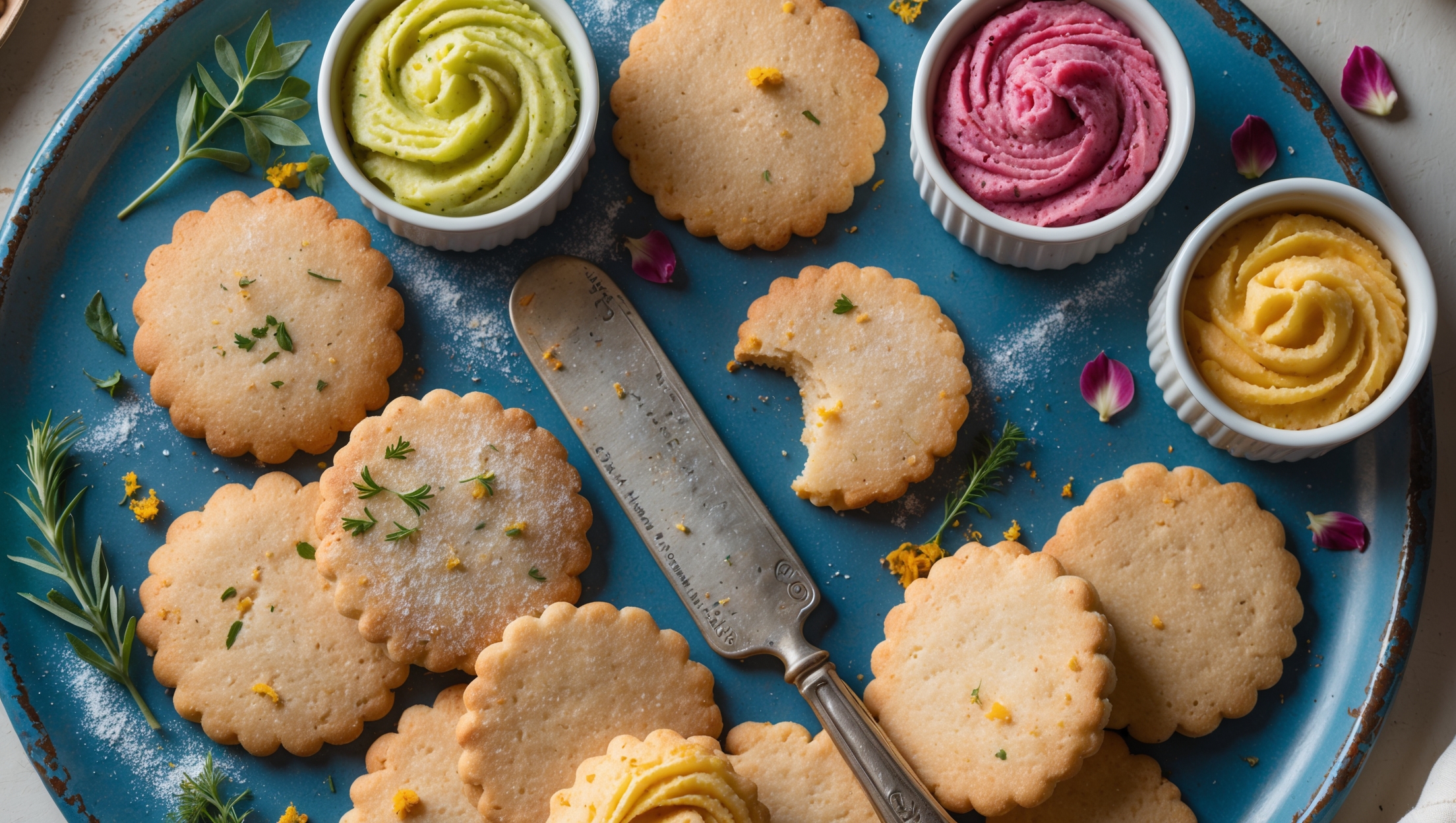 An overhead shot of golden-brown sablé cookies arranged in a circular pattern on a distressed blue ceramic plate, with three ramekins of colorful compound butters—herb-flecked green, berry-swirled pink, and honey-cinnamon amber—positioned strategically between cookies. A vintage silver butter knife rests across one ramekin, while crumbs and a light dusting of sugar catch the soft natural light streaming through a window. Several whole cookies stand propped against each other, revealing their perfect sandy, shortbread-like texture, while a partially bitten cookie shows the delicate, crumbly interior. Fresh herbs, citrus zest, and flower petals scattered artfully around the composition hint at the flavorful butter ingredients.