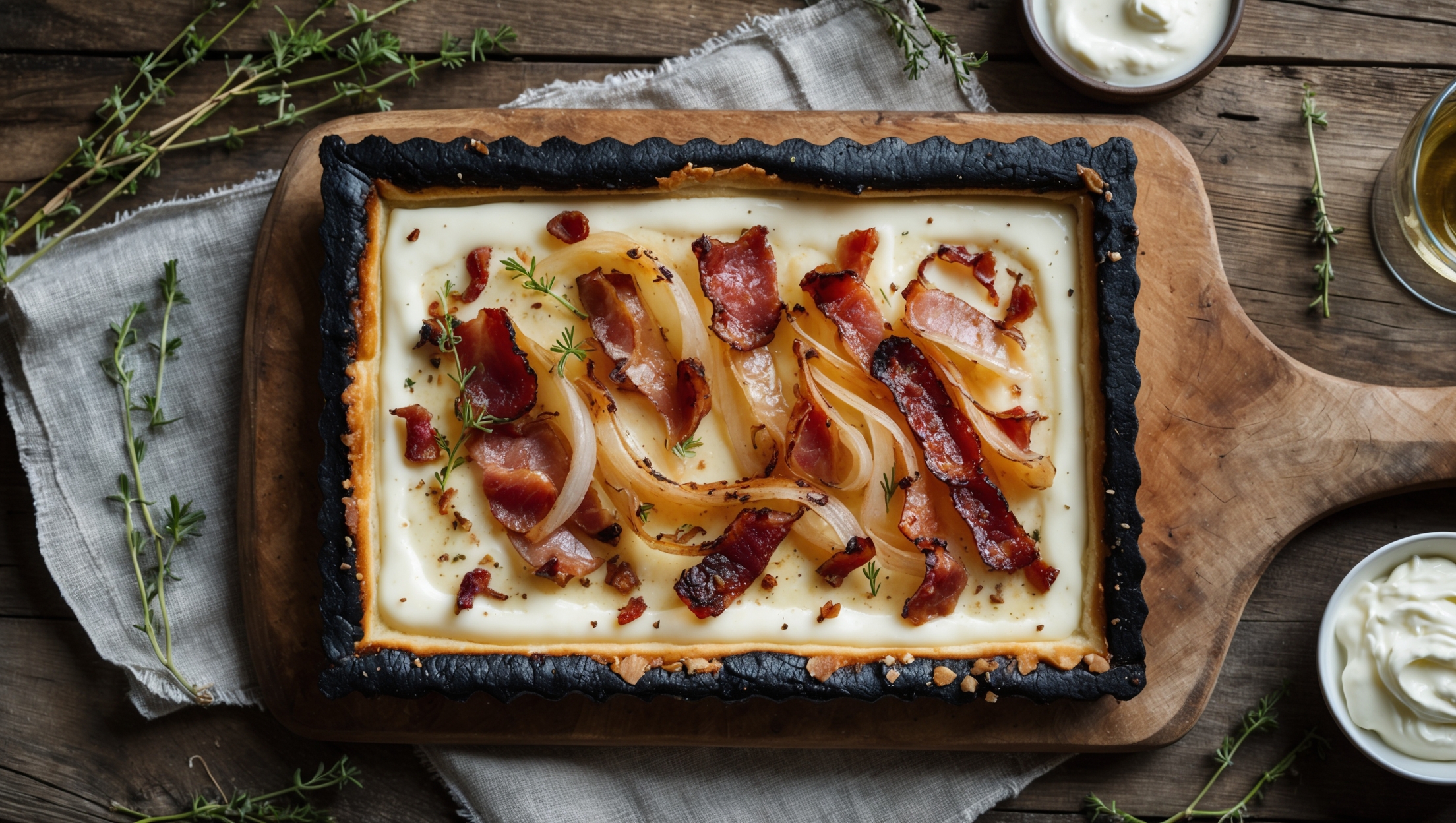 An overhead shot of a rustic wooden paddle holding a rectangular Tart Flambée with beautifully charred edges. Soft natural light highlights the contrast between the cream-colored crème fraîche base, translucent caramelized onion ribbons, and the glistening bits of crispy bacon. A cross-section view reveals the impossibly thin, crisp crust that crackles under the toppings. The styling includes scattered fresh thyme sprigs, a small bowl of crème fraîche, and a glass of Alsatian Riesling in the background, all set against a weathered wooden table that echoes the rustic origins of this French-German border specialty.
