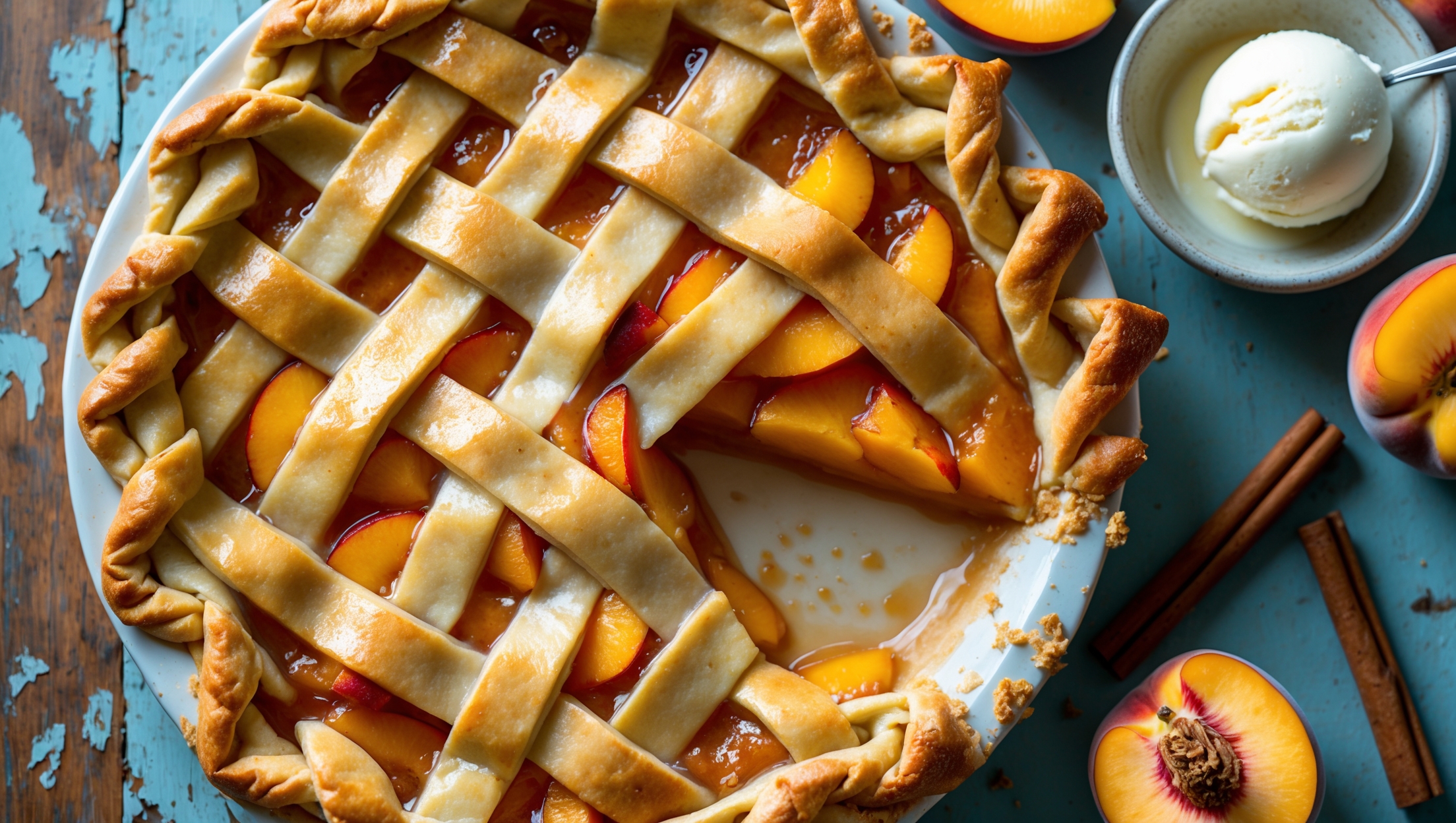 An overhead shot of a golden-brown Fresh Peach Pie with a lattice top crust, displaying bubbling peach filling peeking through the woven pastry strips. The pie sits on a vintage ceramic plate against a weathered wooden table, with soft natural light highlighting the caramelized sugar crystals on the crust. A slice has been removed, revealing the vibrant orange-yellow peach filling studded with vanilla bean specks. Scattered around the pie are fresh peach slices, cinnamon sticks, and a small bowl of vanilla ice cream slowly melting beside the still-warm pie. The image captures the rustic homemade quality and the sticky, glossy texture of the peach filling.
