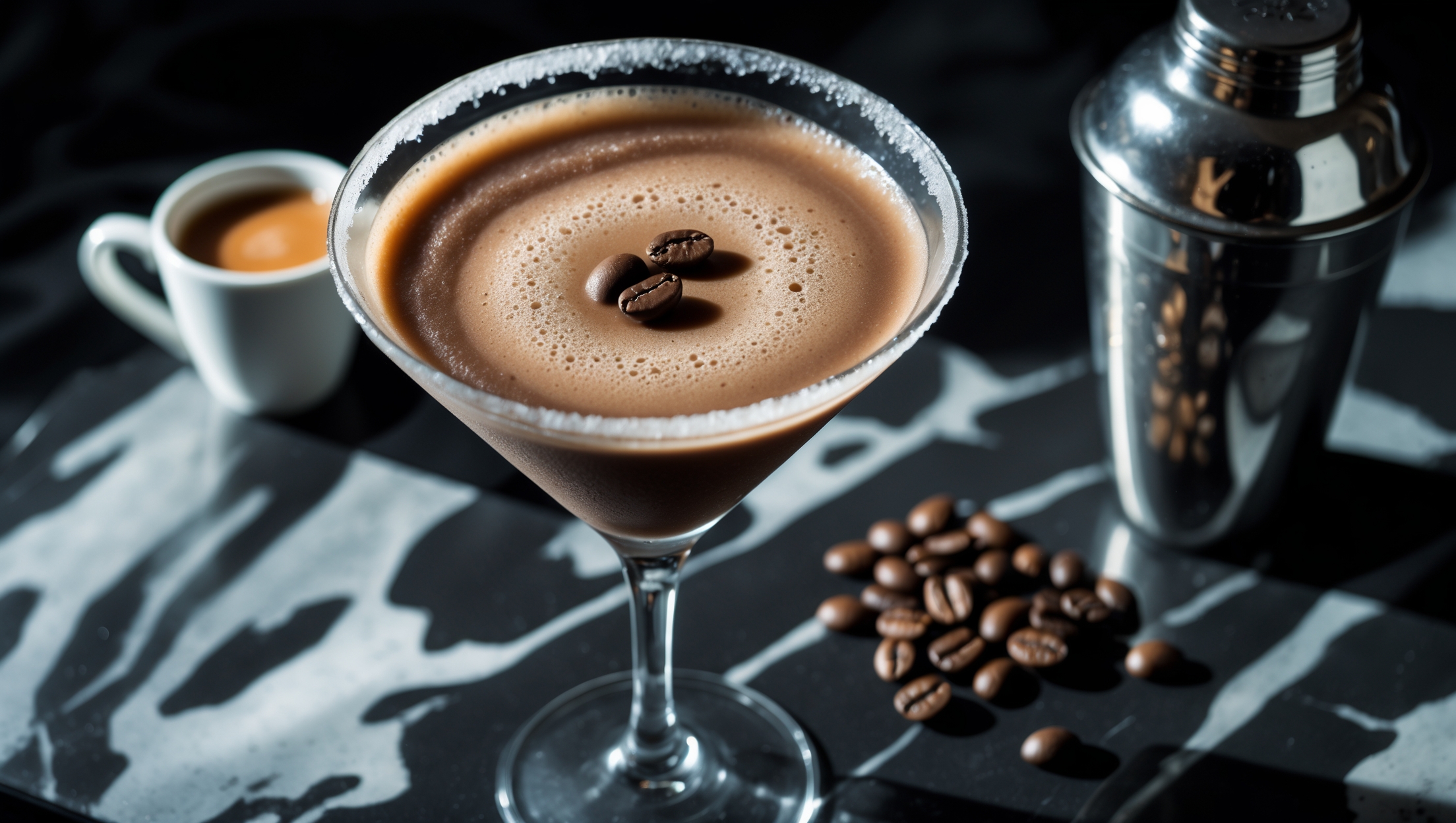 An overhead shot of a frozen espresso martini served in a chilled martini glass with a delicate rim of frost. The cocktail has a rich chocolate-brown color with a perfect layer of creamy tan foam on top. Dramatic studio lighting creates shadows that highlight the velvety texture of the drink, while a few coffee beans rest artfully on the foam surface. Behind the glass sits a small espresso cup and a partial view of a cocktail shaker covered in condensation, suggesting the frozen nature of the drink. The glass sits on a dark marble bar top that reflects soft light, emphasizing the luxurious and sophisticated profile of this frozen coffee cocktail.