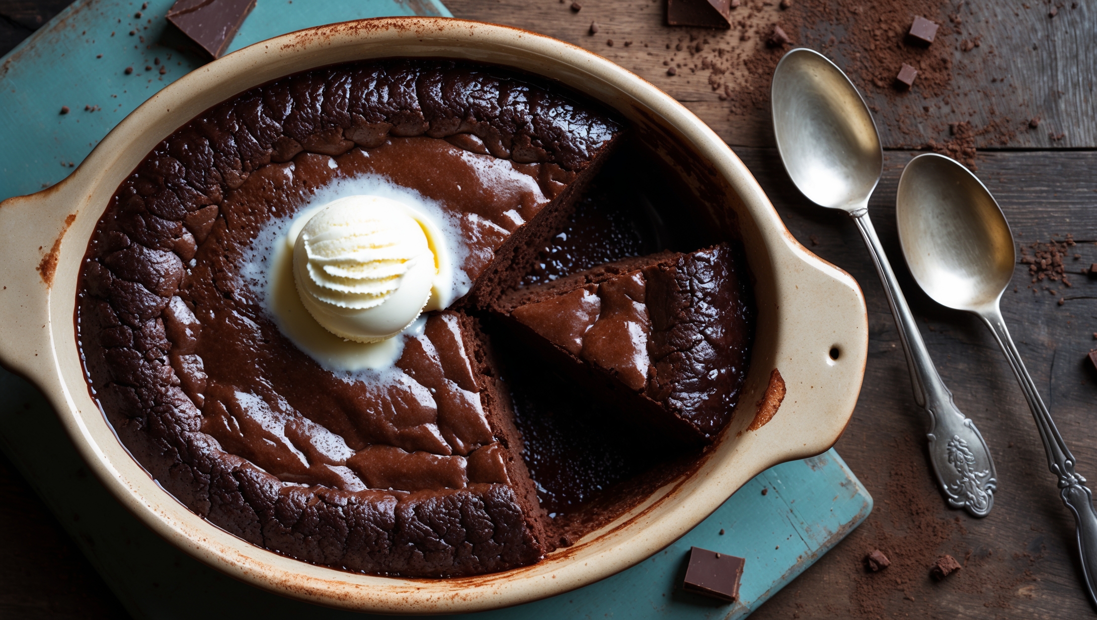 An overhead shot of a dark, glossy Fudgy Chocolate Dump Cake served in a rustic ceramic baking dish, capturing the crackly top that gives way to the rich, fudgy center. A cross-section reveals the cake's self-formed layers – fudgy bottom and brownie-like middle. Shot in warm, natural light that accentuates the glistening chocolate surface, with a scoop of vanilla ice cream melting gently on top. Scattered cocoa powder and chocolate chunks surround the dish on a weathered wooden table, with vintage dessert spoons waiting nearby. Steam rises subtly from the freshly-cut portion, highlighting the cake's warm, molten quality.