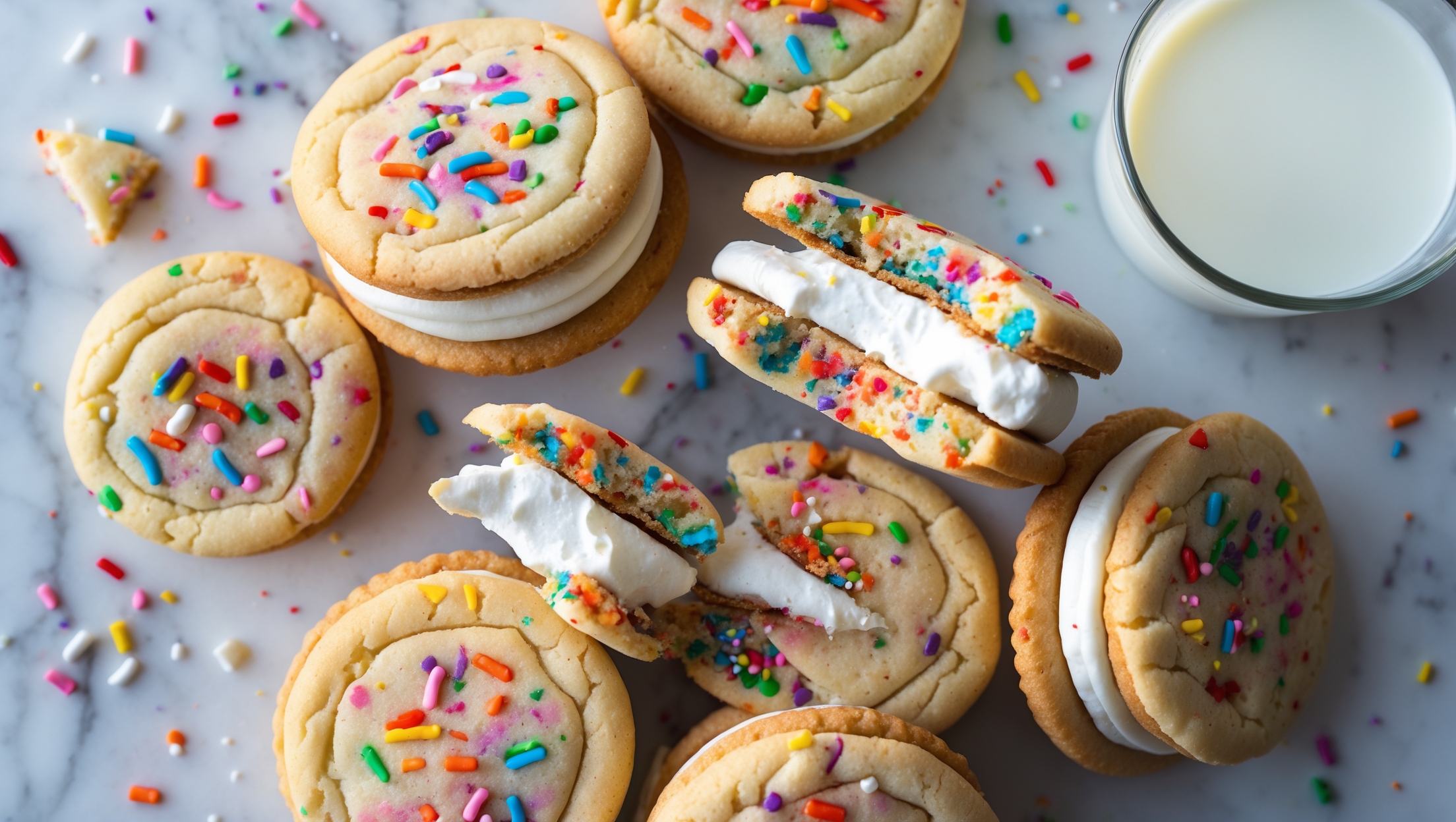 Overhead shot of vibrant funfetti sandwich cookies arranged in a casual spiral on a white marble surface, with one cookie broken in half revealing the creamy cheesecake filling studded with rainbow sprinkles. Soft natural light highlights the colorful sprinkles embedded in the cookies and the luscious, thick filling between each sandwich. A small glass of milk sits nearby, while loose sprinkles are artfully scattered around the composition creating a playful, celebratory mood. The golden edges of the cookies contrast beautifully with the pure white filling, showcasing their perfect bake and soft-yet-sturdy texture.