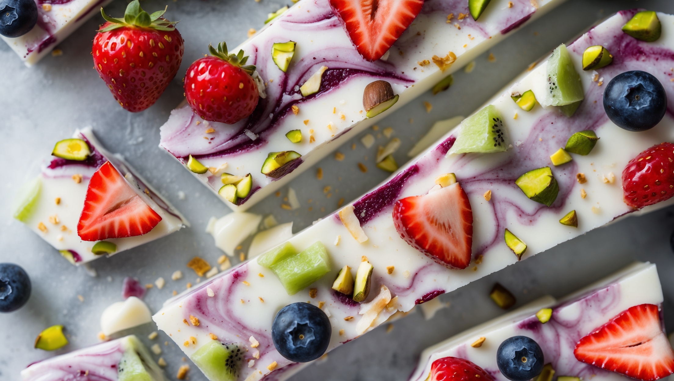 An overhead shot of colorful frozen yogurt bark pieces arranged on a white marble board, with soft natural light highlighting the swirls of thick Greek yogurt studded with vibrant fresh berries. The camera captures close-up details of the frost-kissed yogurt surface contrasting with jewel-toned strawberry slices, blueberries, and kiwi pieces. Scattered honey crystals glisten on the surface while chopped pistachios and coconut flakes add texture and dimension. Some pieces are photographed mid-break, revealing the satisfying snap of the frozen yogurt against the plush fruits embedded within.