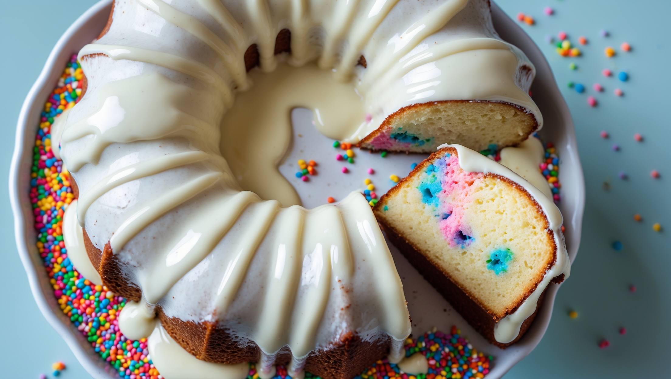 Overhead shot of a perfectly formed bundt cake with deep ridges capturing pools of smooth vanilla glaze that drips elegantly down the sides. The cake's interior cross-section reveals a moist, tender crumb speckled with vibrant rainbow sprinkles that pop against the light vanilla base. Photographed in soft natural light on a white ceramic cake stand against a pale blue background, with scattered sprinkles artfully placed around the base and a slice removed to showcase the colorful interior. The contrast between the pristine white glaze and the playful, colorful sprinkles highlights the cake's festive nature while maintaining an elegant appearance.