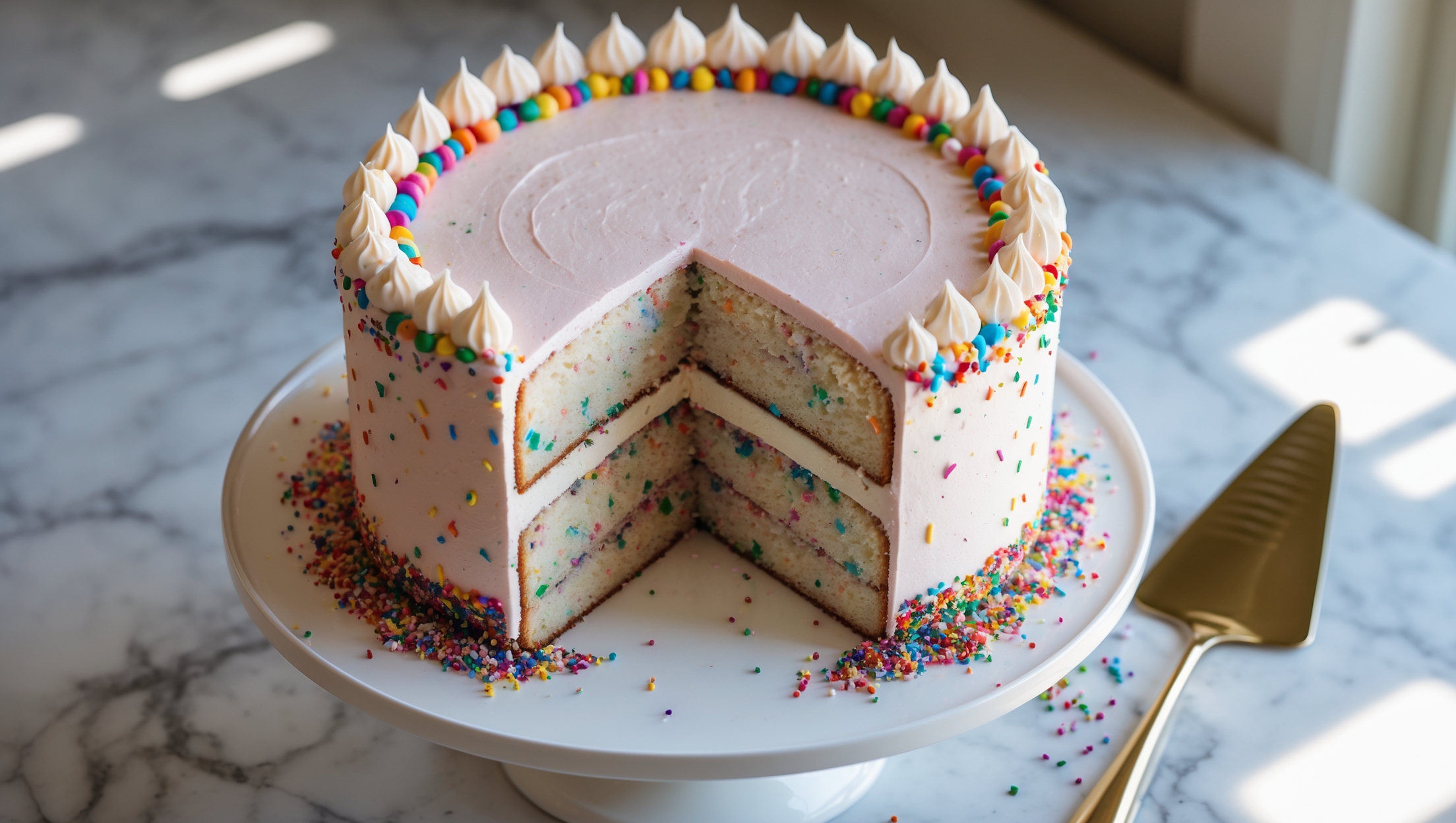 An overhead shot of a three-layer funfetti cake standing tall on a white pedestal cake stand, with soft natural light streaming in from the side to highlight the smooth, pale pink buttercream frosting. The cross-section reveals moist vanilla cake speckled with rainbow sprinkles throughout, while the top features a crown of more colorful sprinkles arranged in a celebratory border pattern. Small drops of buttercream rosettes pipe the perimeter, and a scattering of additional sprinkles cascades down one side for a playful touch. A gold cake server rests beside the cake on the marble countertop, with a slice removed to showcase the colorful interior and fluffy crumb structure.