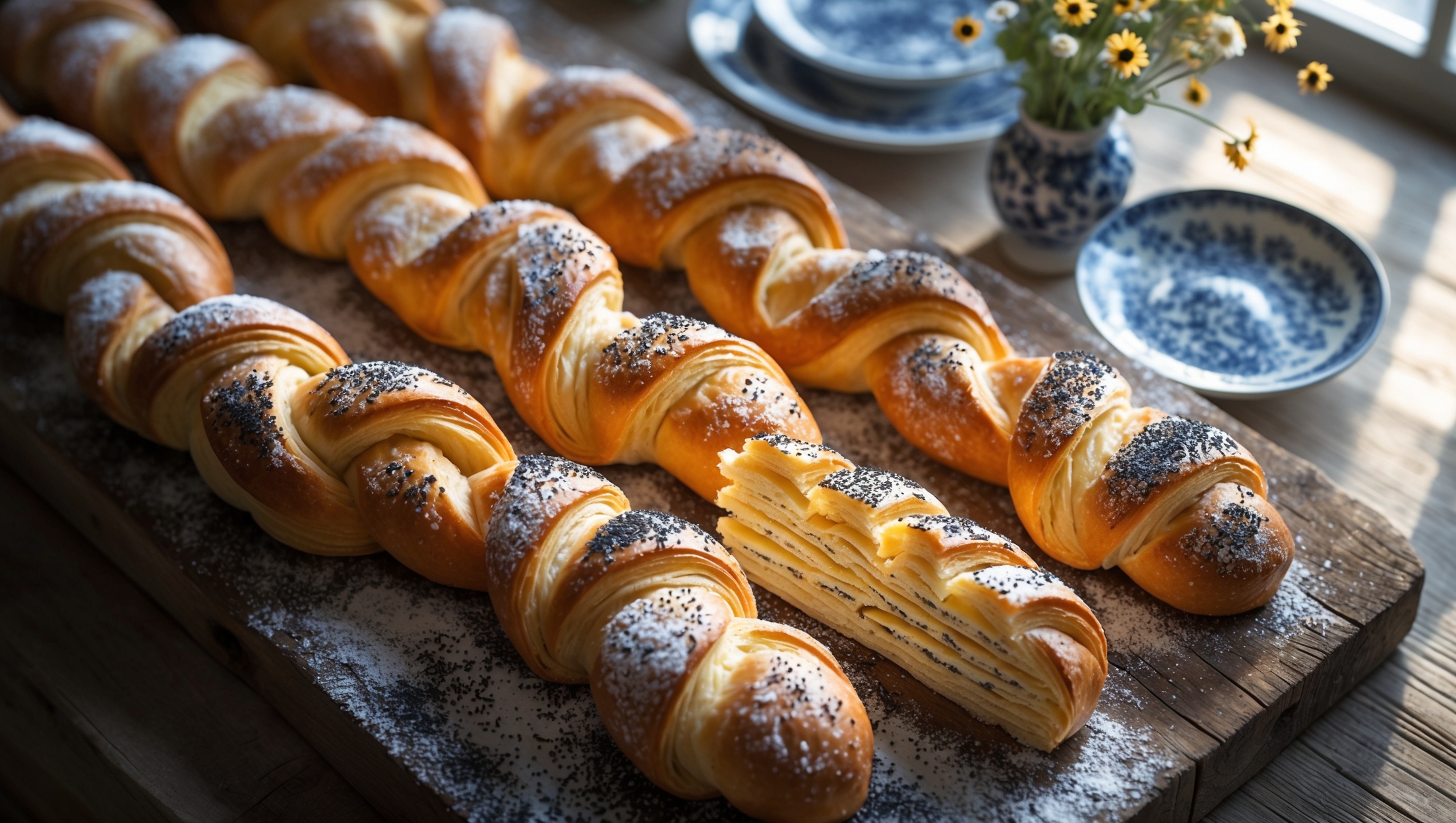 An overhead shot of freshly baked Frøsnapper arranged on a rustic wooden board, their twisted pattern creating appealing visual texture. Golden-brown pastries with a scatter of black poppy seeds catching the soft morning light streaming through a nearby window. A cross-section view reveals the distinct buttery layers within each twist, while a light dusting of powdered sugar adds contrast against the dark seeds. In the background, a Danish countryside scene is suggested by a blue and white porcelain plate and a small vase of wildflowers, emphasizing the pastry's Scandinavian heritage.