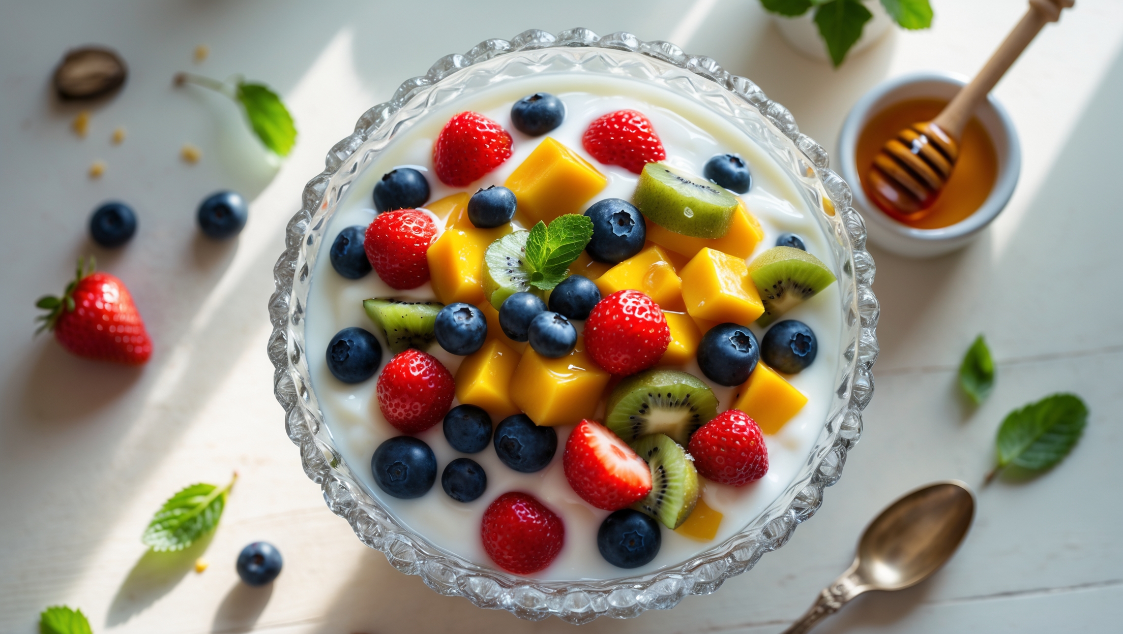 An overhead shot of a crystal serving bowl filled with colorful fruit yogurt salad, capturing the vibrant contrast between ruby-red strawberries, deep purple blueberries, golden mango chunks, and green kiwi slices nestled in creamy white yogurt. Soft natural light streams across the scene, highlighting the glistening fruit pieces lightly coated in honey. The bowl sits on a light wooden table with scattered fresh mint leaves and a small pot of honey with a wooden dipper nearby. A vintage silver spoon rests on the edge of the bowl, ready to serve this refreshing treat. The yogurt appears luxuriously thick with tiny specks of vanilla bean visible throughout.