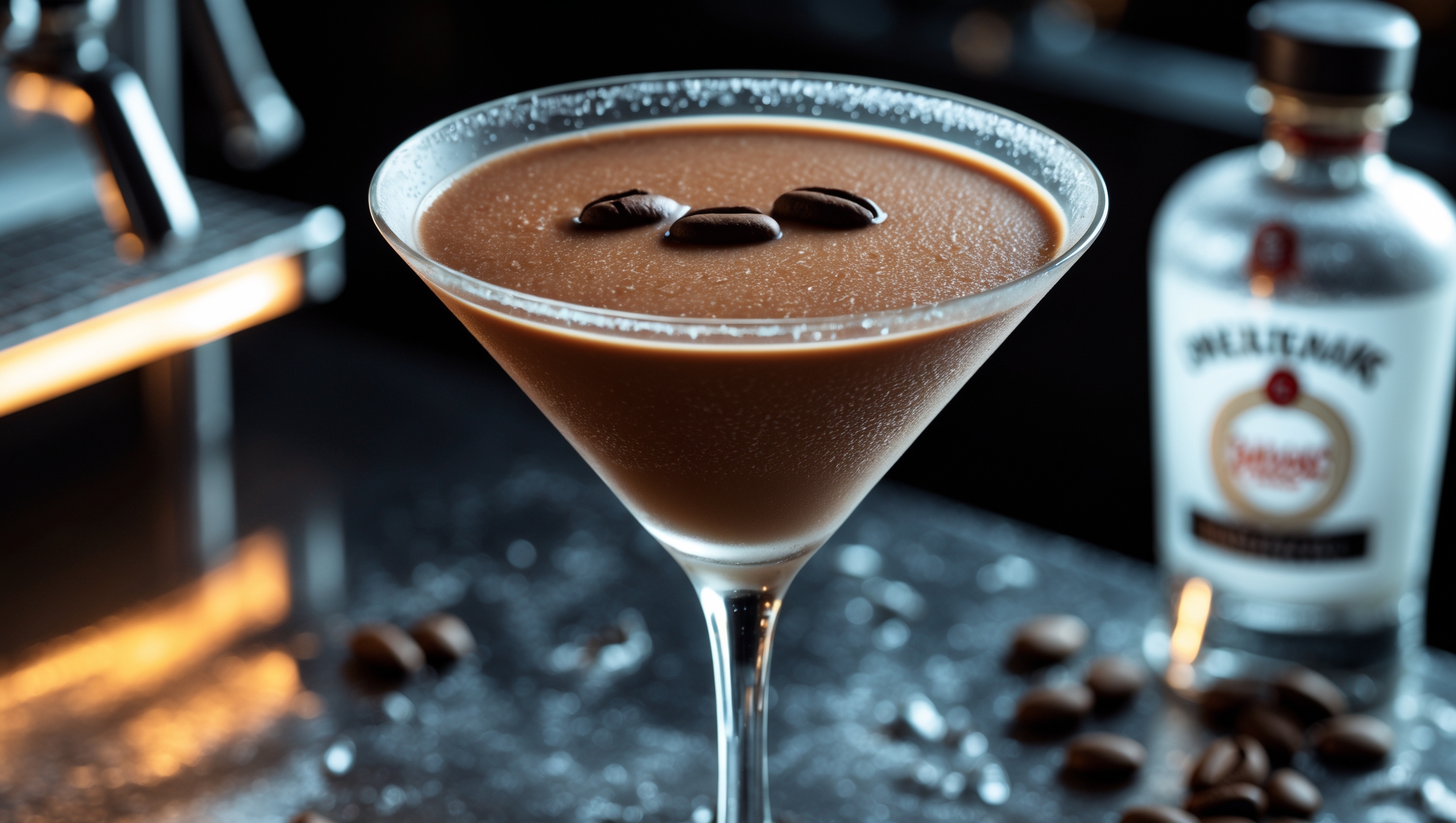 An overhead shot of a frosted martini glass filled with a smooth, frozen espresso martini that showcases its creamy, chocolate-brown surface topped with a perfect layer of coffee-colored foam. Dramatic low-key lighting creates contrast against the dark cocktail, highlighting its velvety texture and tiny ice crystals. Three coffee beans rest artfully on the foam's surface, and condensation forms on the glass's exterior, suggesting its refreshing temperature. In the background, slightly blurred, sits an espresso machine and bottle of premium vodka, with the warm glow of bar lighting reflecting off the crystalline edges of the martini glass.
