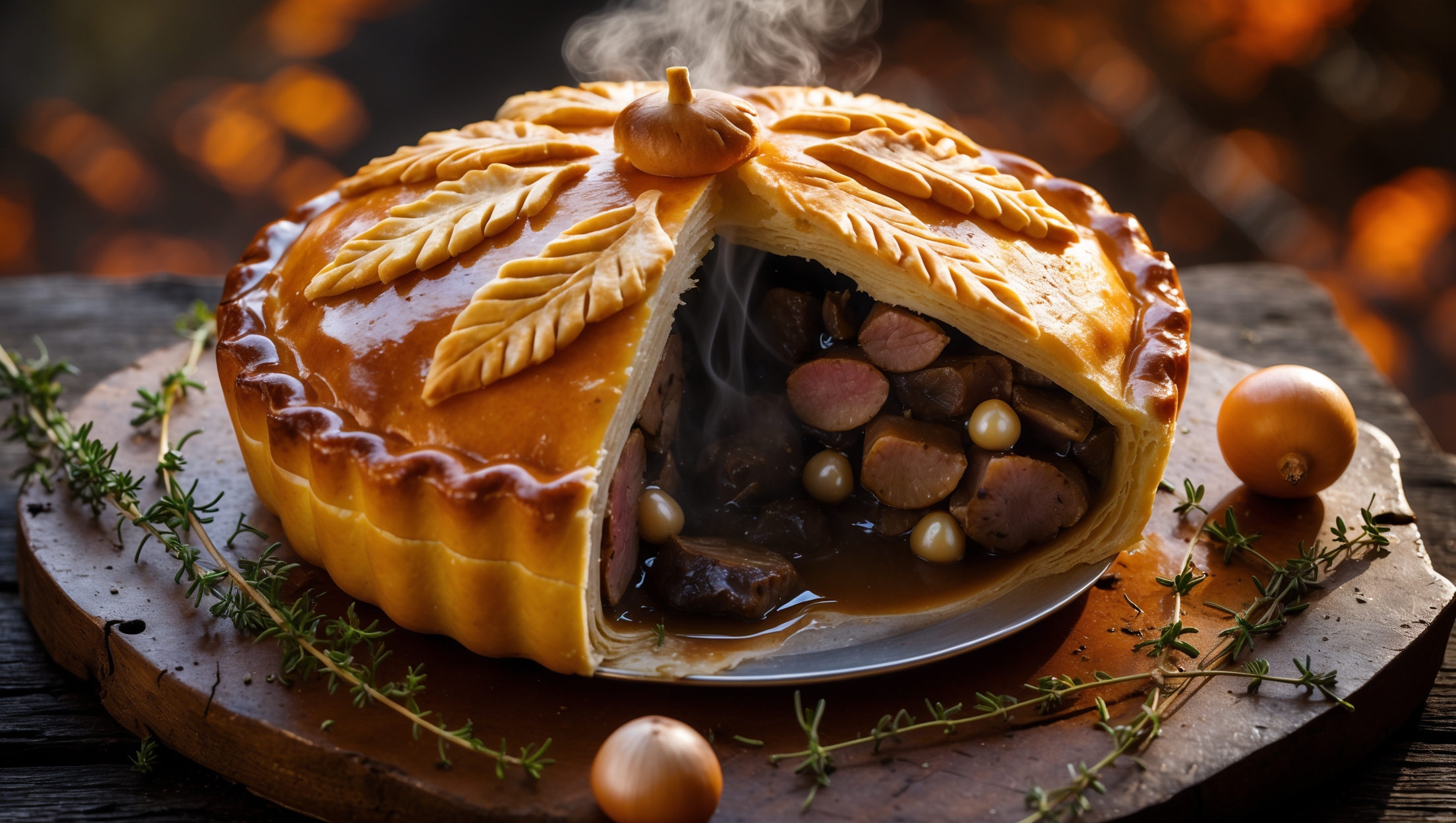 An overhead shot of a golden-brown Game Pie with a decorative pastry leaf pattern adorning its domed top, steam escaping from a small central vent. The cross-section reveals layers of tender mixed game meats in a glossy, dark gravy studded with forest mushrooms and pearl onions. The pie sits on a weathered wooden board, surrounded by sprigs of fresh thyme and rosemary, with a warm autumn backdrop. Harsh shadows are softened by diffused natural light highlighting the flaky pastry layers and the rich, glistening filling visible through the slice that's been removed.
