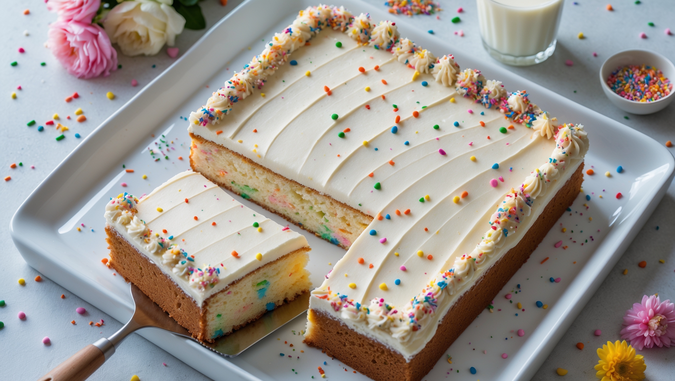 An overhead shot of a perfectly baked rectangular funfetti sheet cake with a close-up of a slice being lifted to showcase the moist, rainbow-speckled vanilla crumb. Captured in bright natural light, the cake sits on a white ceramic rectangular platter, its surface covered with smooth, swirled vanilla buttercream frosting decorated with additional rainbow sprinkles creating a festive pattern. A cake server rests beside the cut piece, revealing the tender, light texture dotted with colorful confetti sprinkles throughout. The surrounding scene includes scattered rainbow jimmies, a small glass of milk, and fresh flowers in complementary pastel tones, enhancing the celebration feel.