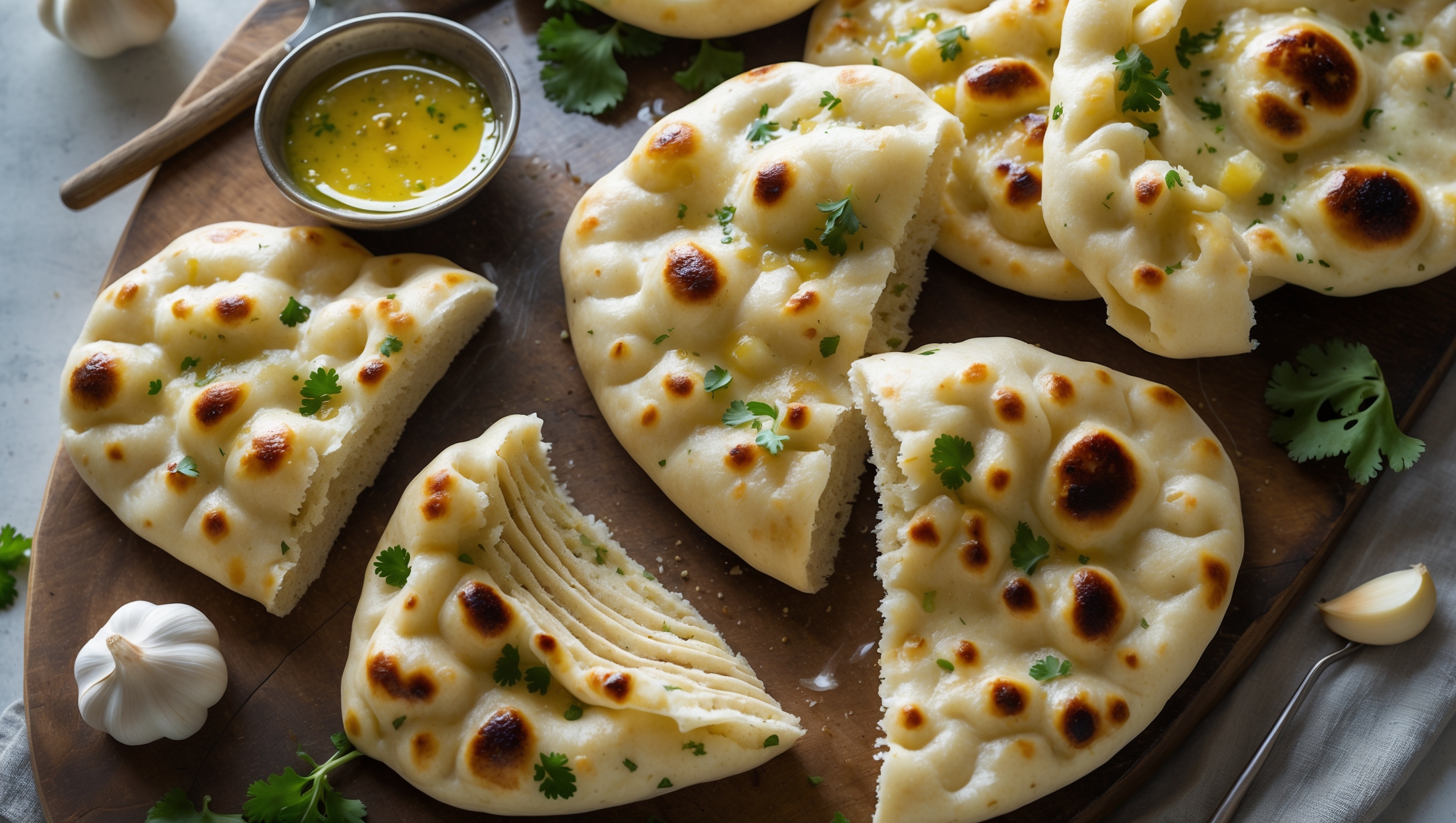 An overhead shot of freshly baked garlic naan on a rustic wooden board, with steam gently rising from the pillowy breads. The soft natural light highlights the golden-brown blistered spots and the glistening butter glaze studded with minced garlic and flecks of bright green cilantro. Several pieces are artfully arranged, one slightly torn open to reveal the soft, airy interior structure with visible layers. A small bowl of melted garlic butter sits alongside, with a pastry brush resting on its edge, while scattered cilantro leaves and a few garlic cloves create context around the composition.