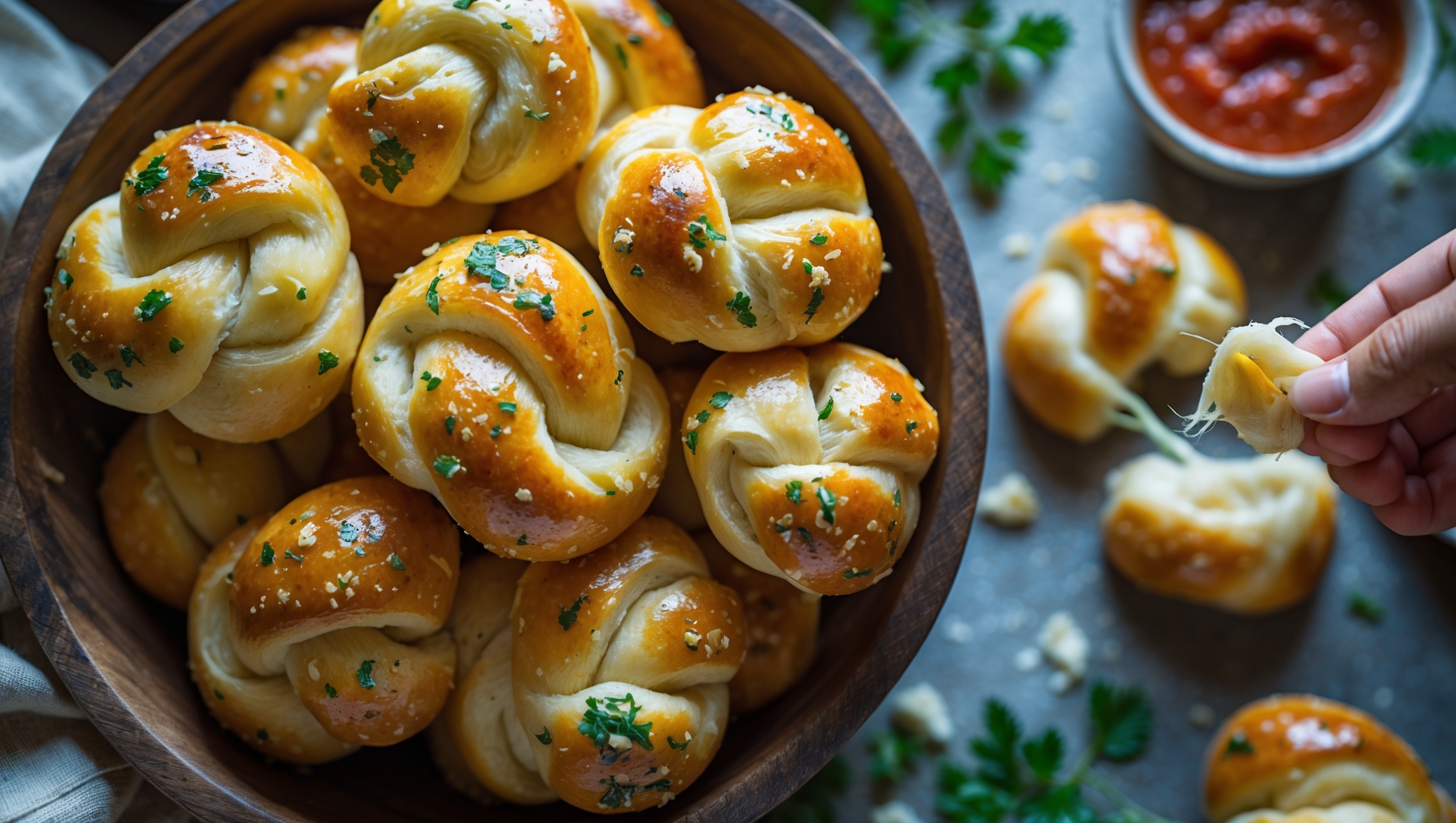 An overhead shot of golden-brown garlic knots arranged in a rustic wooden bowl, their twisted shapes glistening with herb-flecked garlic butter. Natural window light highlights the detailed texture of each knot—pillowy centers with slightly crisp, buttery exteriors. A close-up reveals specks of minced garlic, parsley, and parmesan clinging to the surface. In the background, a few knots are being pulled apart, revealing the soft, steamy interior and stretchy texture. The scene is complemented by scattered fresh herbs, a small bowl of marinara sauce for dipping, and a vintage linen napkin adding warmth to the composition.
