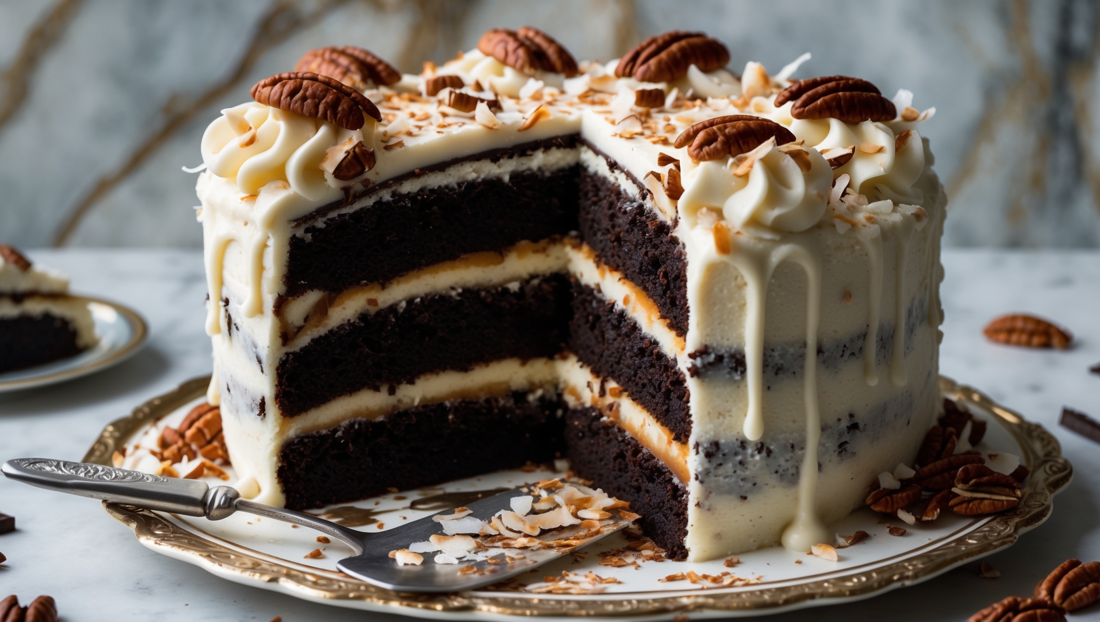 An elegant three-layer German Chocolate Cake photographed in soft, diffused daylight against a vintage marble backdrop. The cross-section reveals moist, dark chocolate cake layers separated by thick ribbons of coconut-pecan frosting with visible texture. The cake's sides remain partially unfrosted in traditional style, showcasing the contrasting dark cake against the caramel-colored filling that drips slightly down the edges. Toasted coconut flakes and pecan halves adorn the top, while chocolate shavings provide subtle decoration. A silver cake server rests beside a slice on an antique porcelain plate, with scattered pecan pieces and cocoa powder adding depth to the composition.
