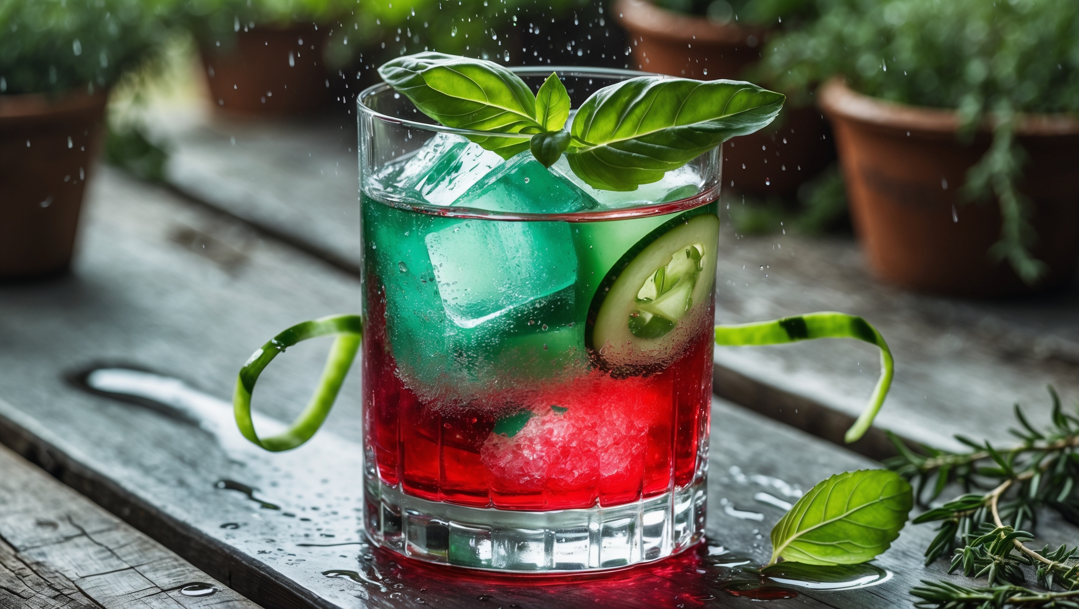 An elegant lowball glass with a large crystal-clear ice cube sits on a weathered wooden table in natural daylight. The Garden Negroni's striking ruby-crimson hue transitions to emerald undertones where cucumber-infused gin meets the Campari. Fresh basil leaves float delicately on the surface, releasing aromatic oils that catch the light. A cucumber ribbon spirals around the glass exterior, while droplets of condensation form on the glass, suggesting refreshing coolness. In the background, slightly blurred herb pots of rosemary and thyme create a garden setting that enhances the drink's botanical concept.