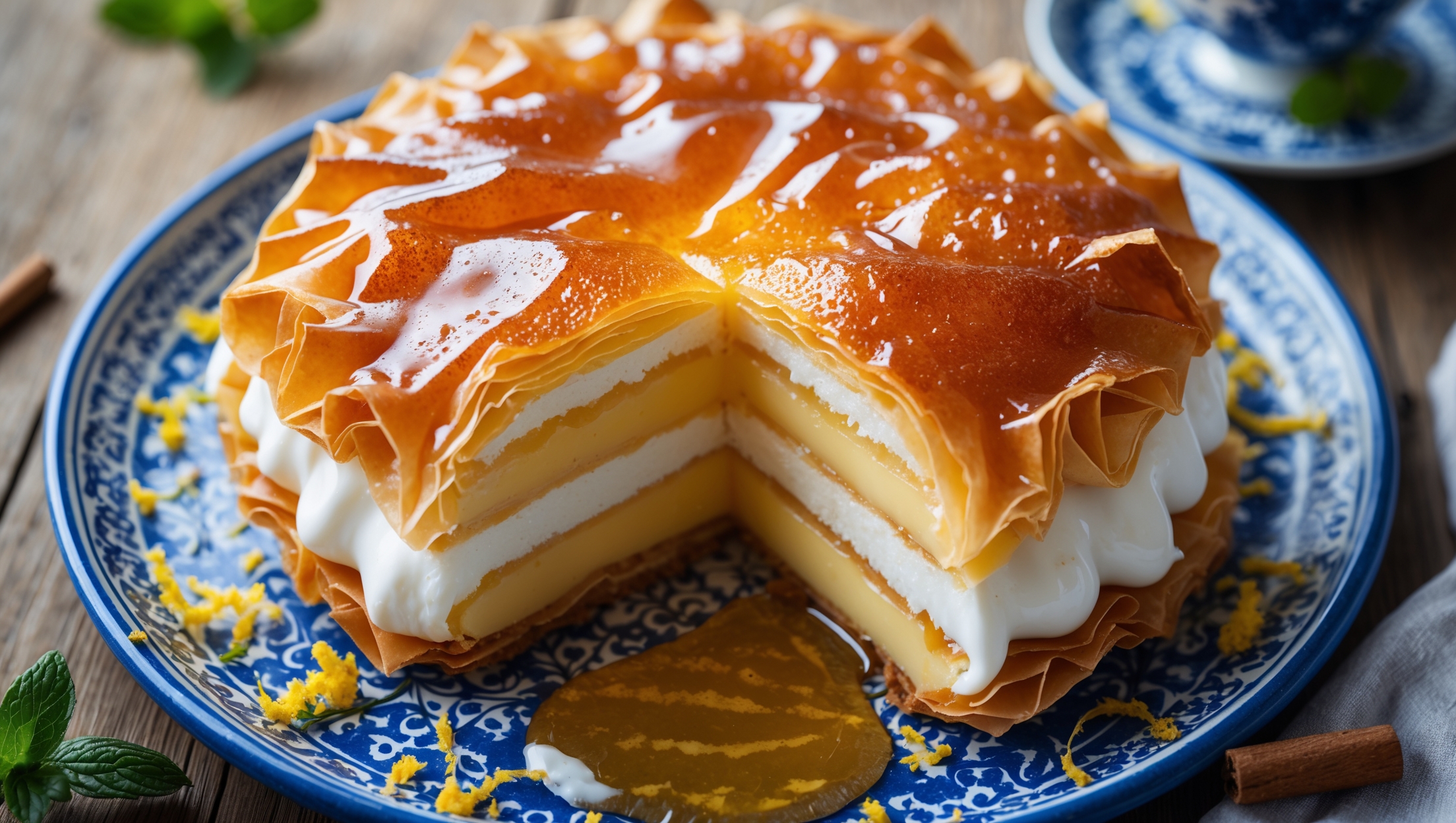 An overhead shot of a golden-brown Galaktoboureko, its phyllo top glistening with honey syrup that pools slightly around the edges. A cross-section reveals distinct layers – the flaky, crisp phyllo sheets on top and bottom sandwiching the pale yellow semolina custard with its velvety, set texture. Captured in soft natural light that accentuates the pastry's gleaming surface, the dessert is presented on a traditional blue and white Greek ceramic plate. Scattered lemon zest and cinnamon add color contrast against the golden pastry, while a small glass of Greek coffee and fresh mint sprig complete the styling on a rustic wooden table, embodying Mediterranean warmth.