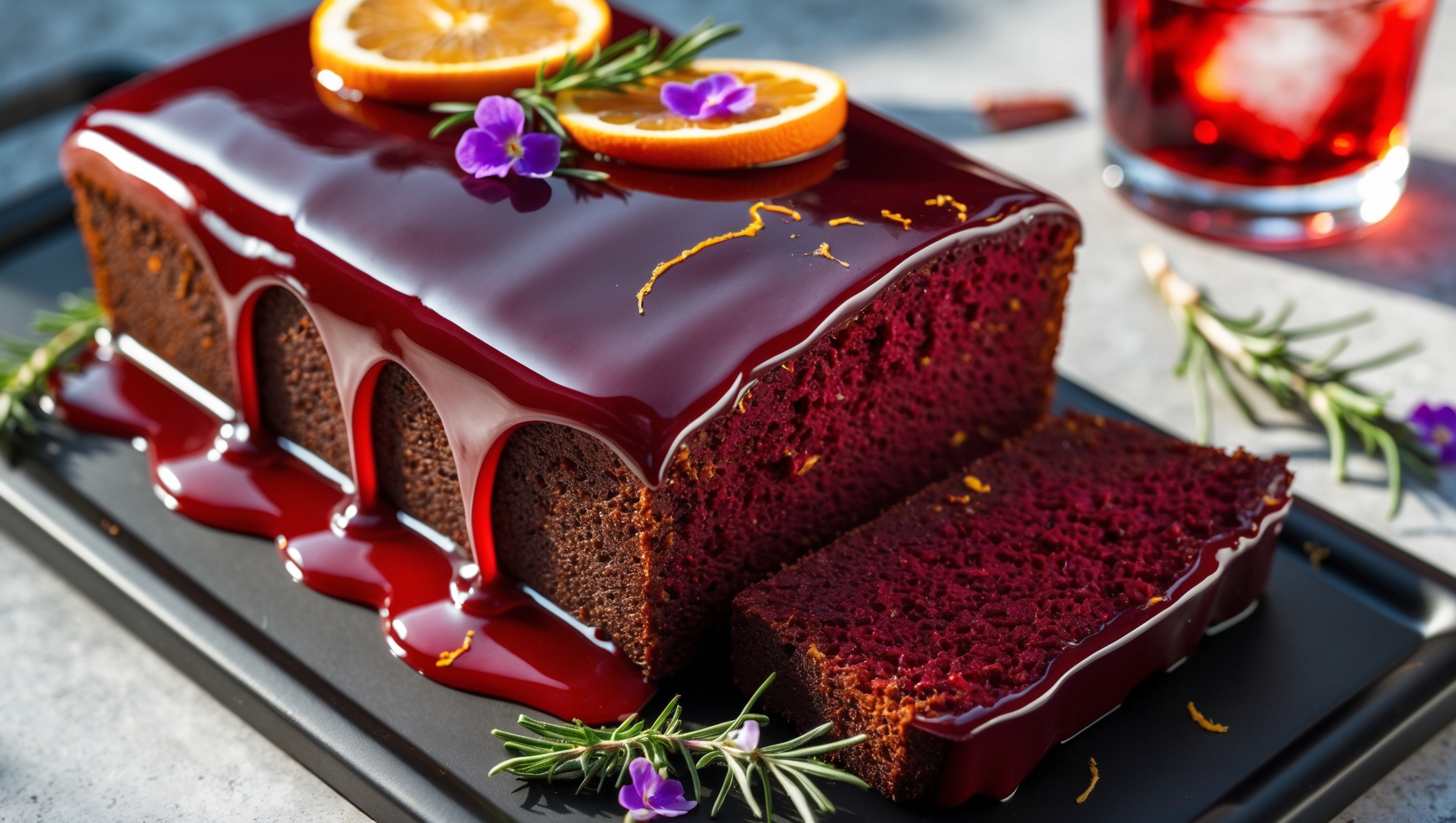 An overhead shot of a rich, ruby-hued rectangular loaf cake with a glossy Campari glaze cascading down the sides, captured in warm afternoon light. A cross-section reveals a dense, moist crumb with subtle orange zest flecks throughout. The cake sits on a matte black serving plate garnished with fresh orange twists, crystallized rosemary sprigs, and edible flowers. In the background, slightly blurred, sits a classic Negroni cocktail in a rock glass with a large ice cube, creating a thematic connection to the cake's inspiration.